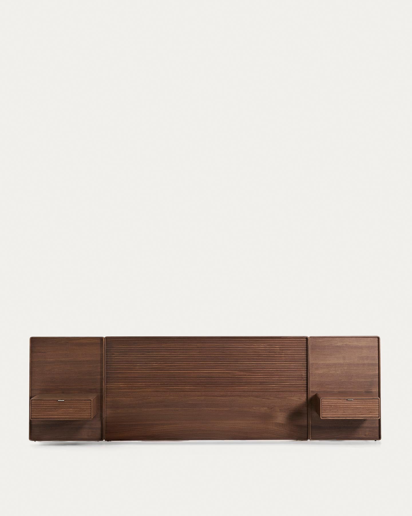 Bettkopfteil Norlen mit zwei Nachttischen aus Nussbaumfurnier mit dunklem Finish und LED-Licht für Betten bis 180 cm, FSC Mix Credit in Dunkelbraun präsentiert im Onlineshop von KAQTU Design AG. Kopfteile ist von Kave Home