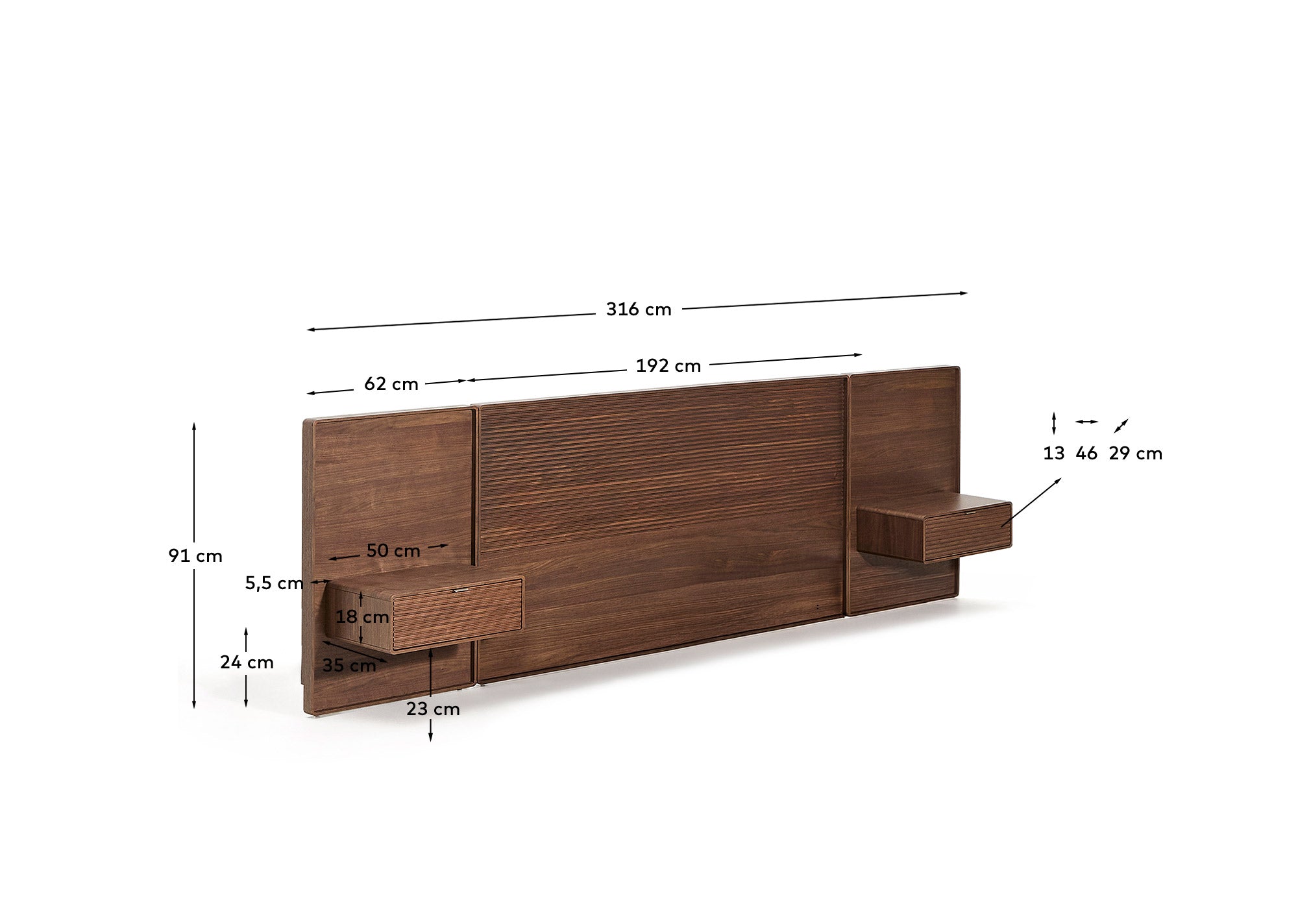 Bettkopfteil Norlen mit zwei Nachttischen aus Nussbaumfurnier mit dunklem Finish und LED-Licht für Betten bis 180 cm, FSC Mix Credit in Dunkelbraun präsentiert im Onlineshop von KAQTU Design AG. Kopfteile ist von Kave Home