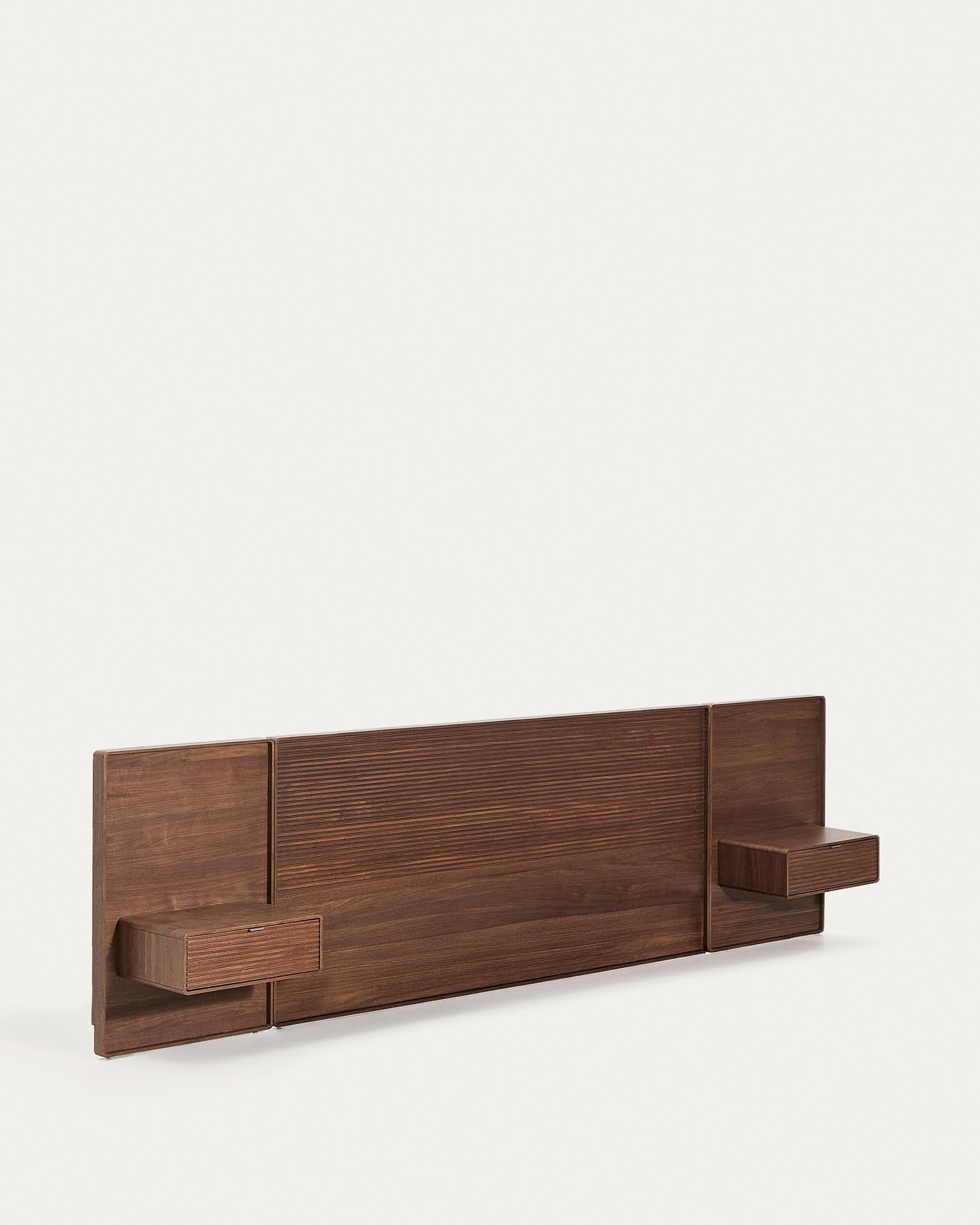 Bettkopfteil Norlen mit zwei Nachttischen aus Nussbaumfurnier mit dunklem Finish und LED-Licht für Betten bis 180 cm, FSC Mix Credit in Dunkelbraun präsentiert im Onlineshop von KAQTU Design AG. Kopfteile ist von Kave Home