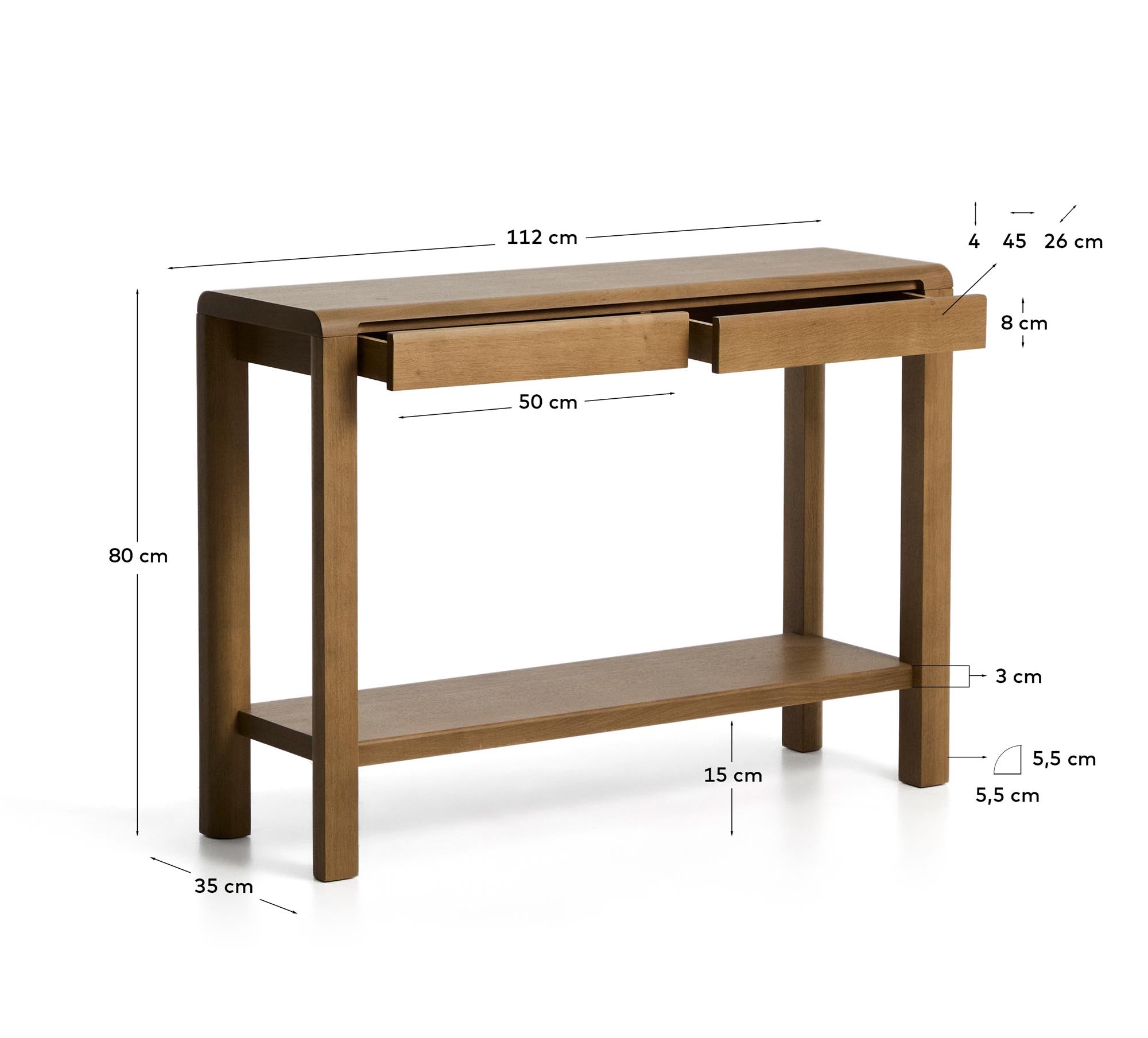 Eleganter Konsolentisch Arelida aus hochwertigem Eichenholz und Furnier, hellbraun, 112 x 80 cm, ideal für stilvolle Akzente im Wohnraum.