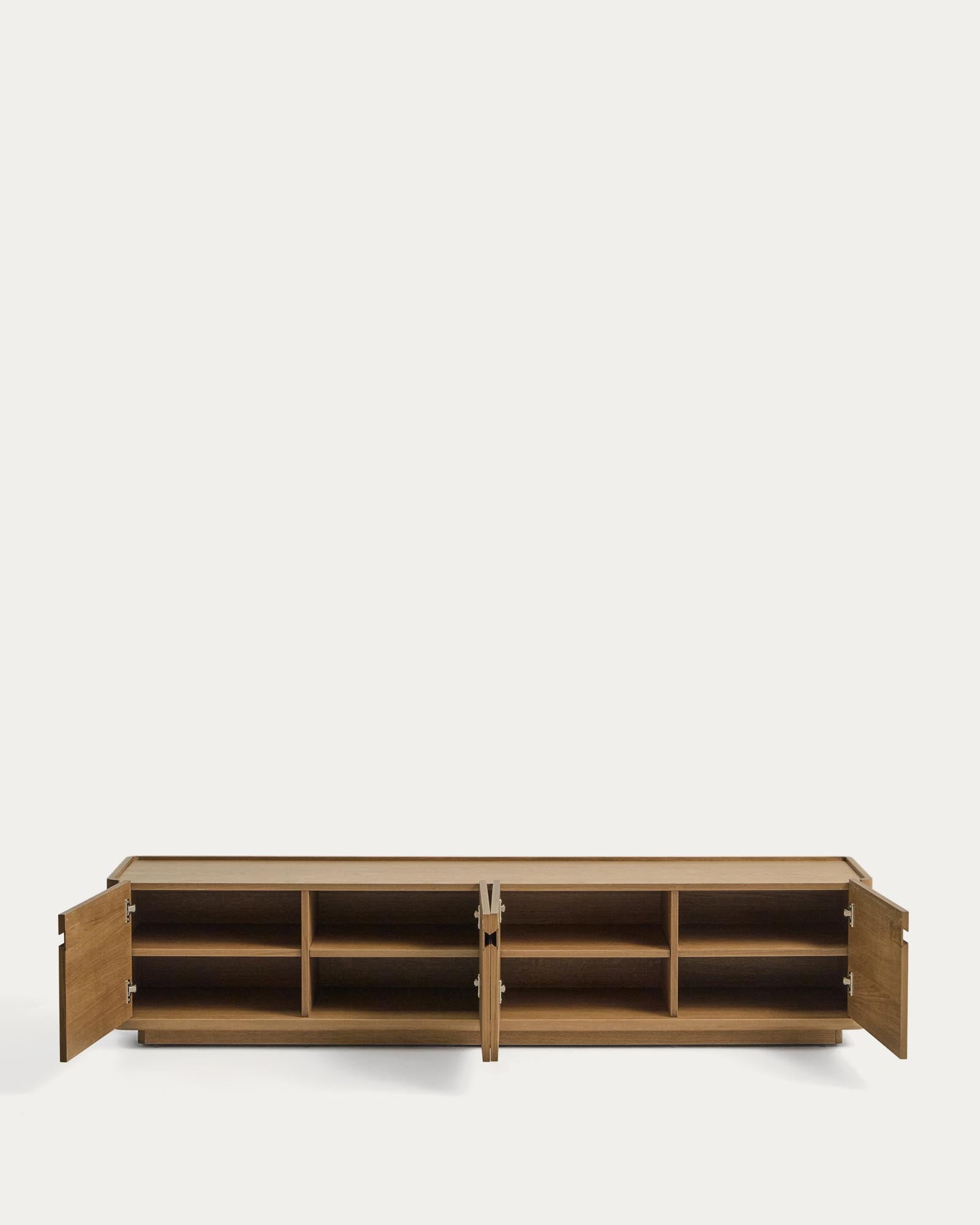 Elegantes TV-Möbel Arelida aus hochwertigem Eichenholz und Furnier, hellbraun, ideal für stilvolle Wohnräume, Maße 200 x 44 cm.