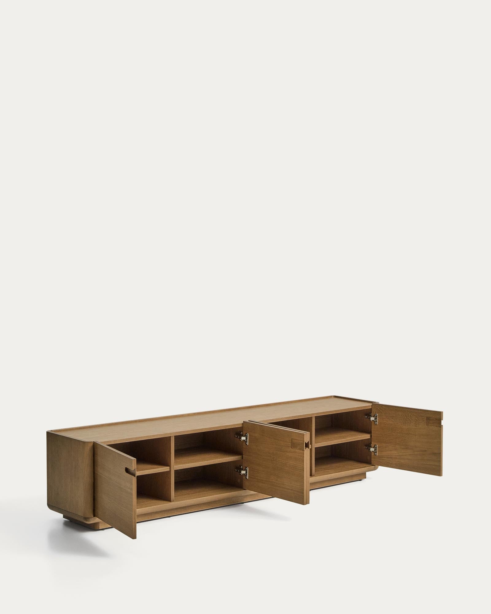 Modernes TV-Möbel Arelida aus robustem Eichenholz und Furnier, hellbraun, perfekt für zeitgemäße Wohnstile, Maße 200 x 44 cm.