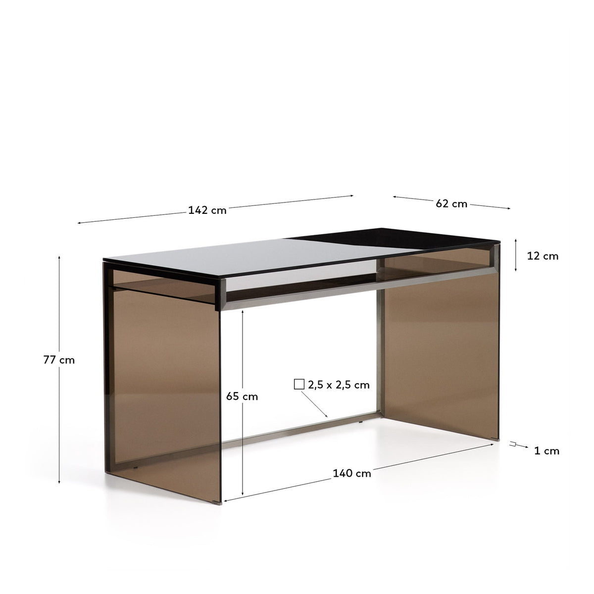 Schreibtisch Adile aus gehärtetem Rauchglas in Braun mit Beinen aus gehärtetem Glas in Anthrazit und gebürstetem Stahl, Masse 142 x 77 cm.
