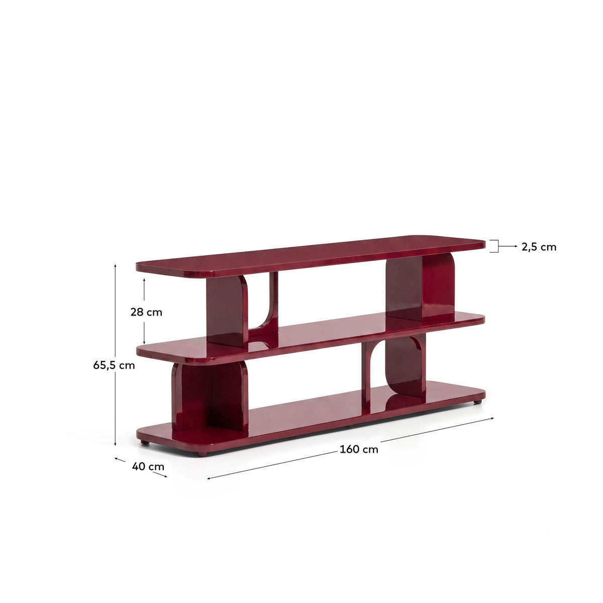Freistehendes Regal Aduma aus MDF und Buchenholz in Granatrot mit glänzender Lackierung, geschwungene Form und offenen Fächern.