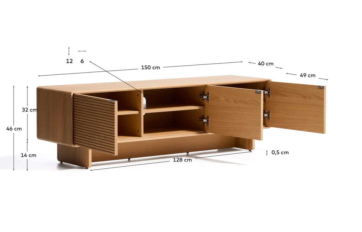 TV-Möbel Norlen mit drei Türen aus Eichenfurnier in naturfarbenem Finish, abgerundete Ecken, Holzbeine, Masse 150 x 40 x 46 cm.