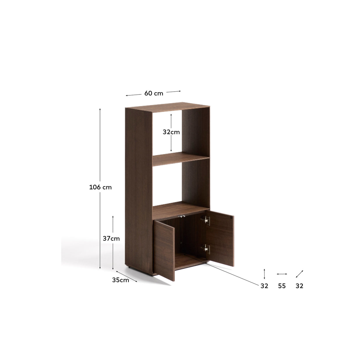 Dunkelbraunes Bücherregal Visala aus Nussbaum-Furnier mit einem sichtbaren Regalboden
