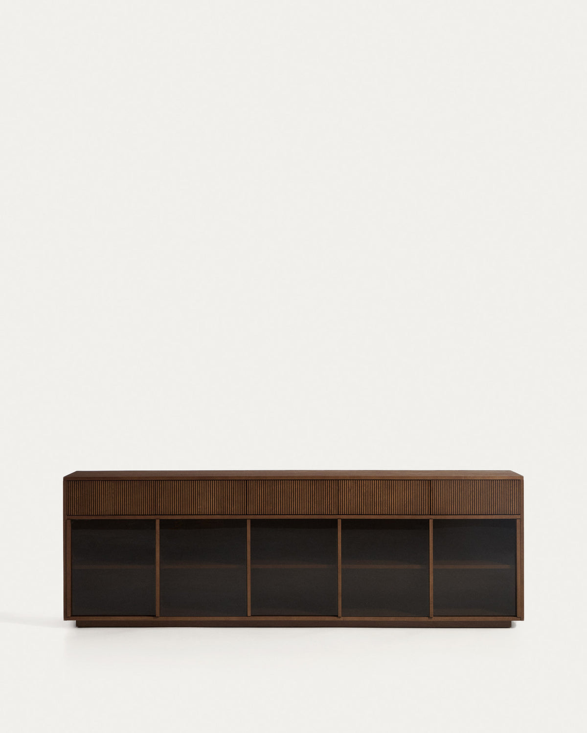 Sideboard Helvine in Dunkelbraun aus Eschenfurnier mit gehärtetem Glas, Türen und Schubladen