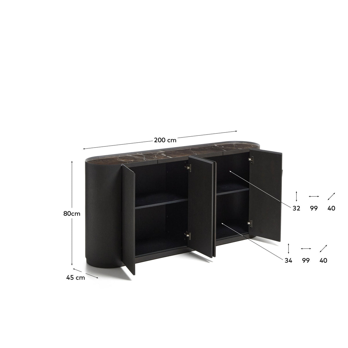Sideboard Nemore mit vier Türen aus Eichenfurnier, dunkelbrauner Oberfläche und Keramikplatte mit Emperador-Marmor-Effekt, Masse 200 x 45 x 80 cm.