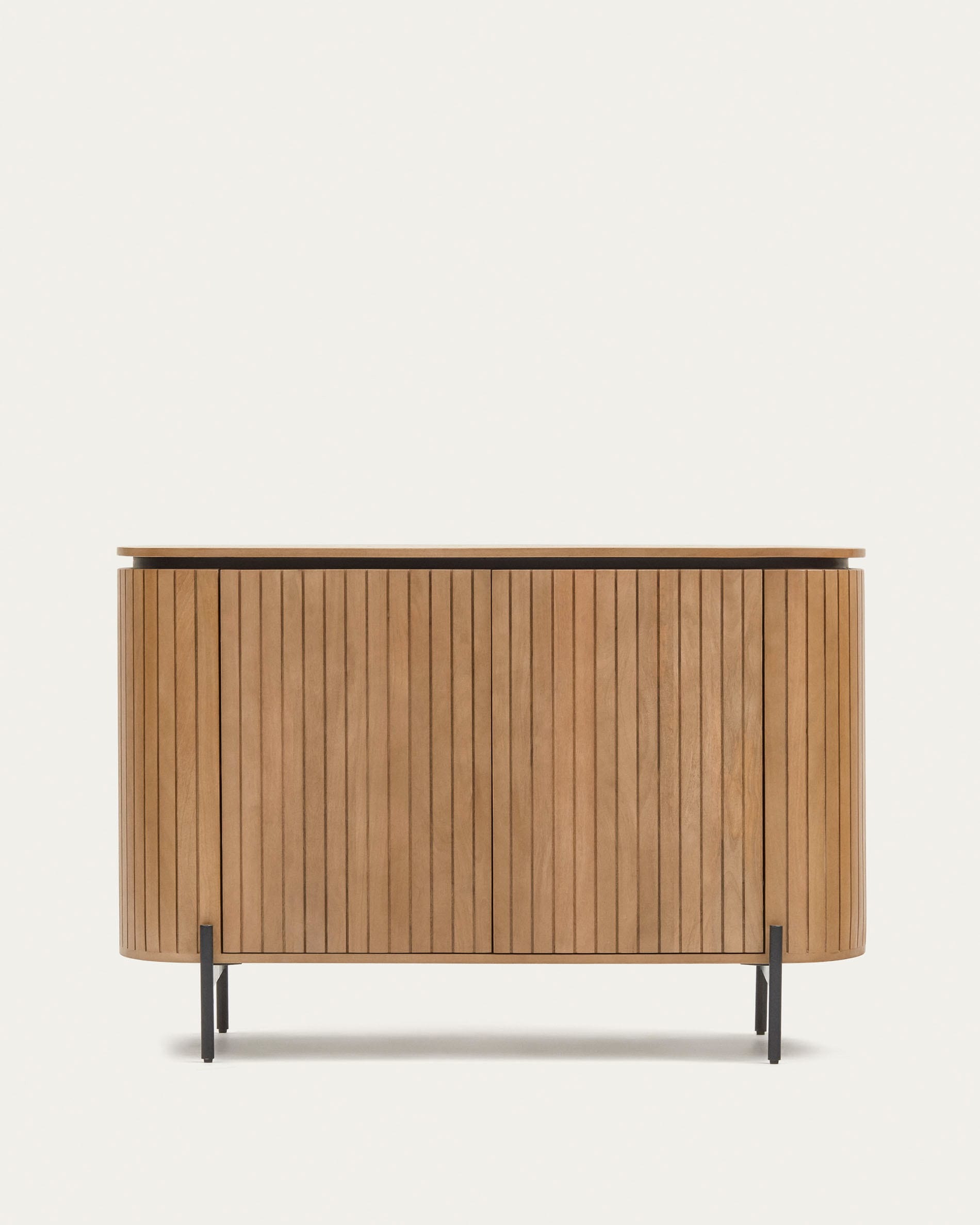 3D-Modell eines modernen Highboards aus Mangoholz und Metall, 2 Türen, 120x80cm, für Wohnzimmer oder Esszimmer.