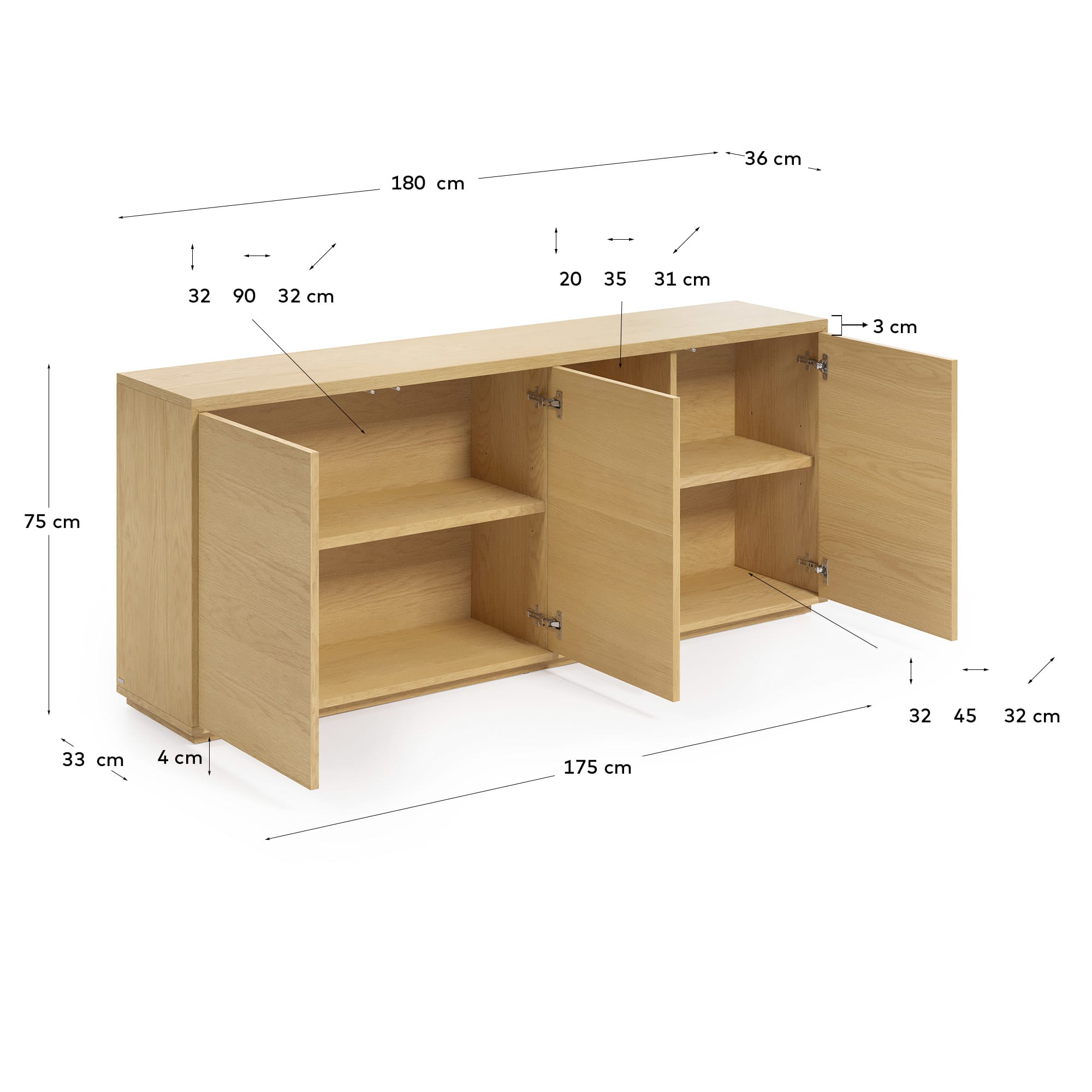 Stilvolles Abilen Sideboard mit 3 Türen aus edlem Eichenfurnier, 180 x 75 cm, nachhaltig FSC-zertifiziert. Perfekt für moderne Wohnkonzepte.
