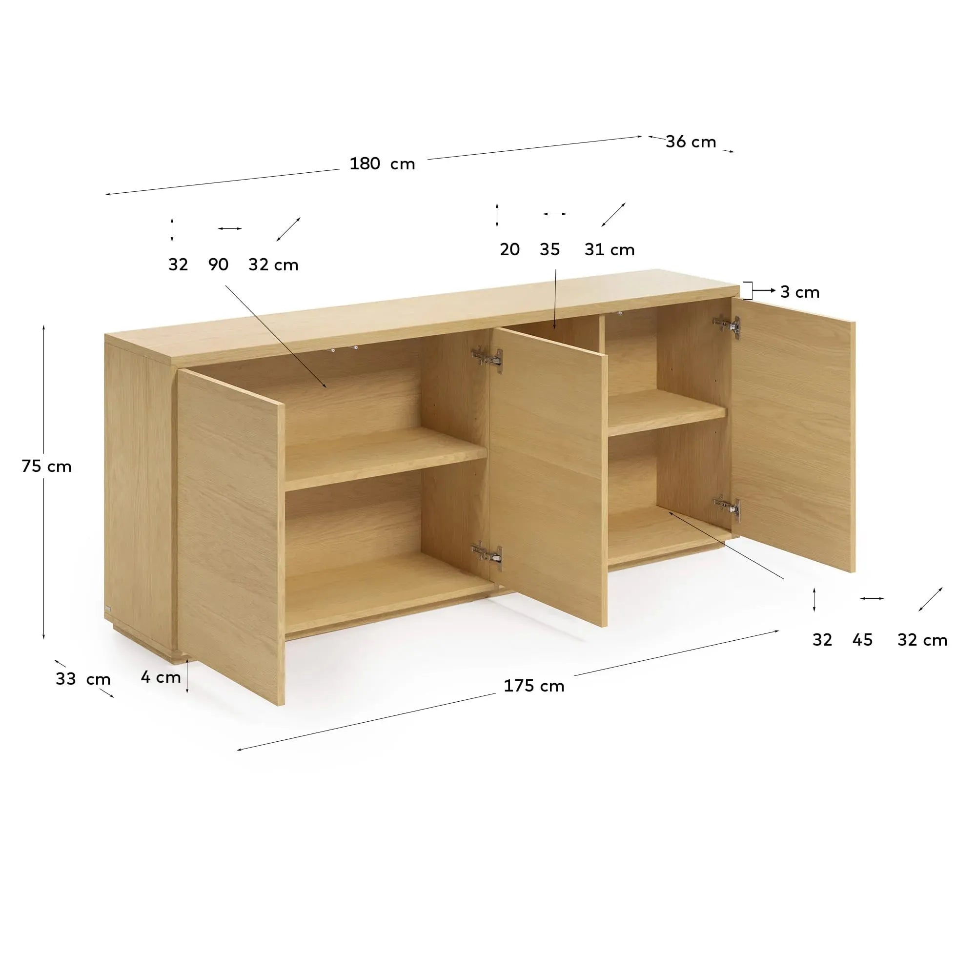 Stilvolles Sideboard aus FSC-zertifiziertem Eichenfurnier, 3 Türen, 180x75 cm, von Kave Home, perfekt für zeitgemäße Einrichtungen.