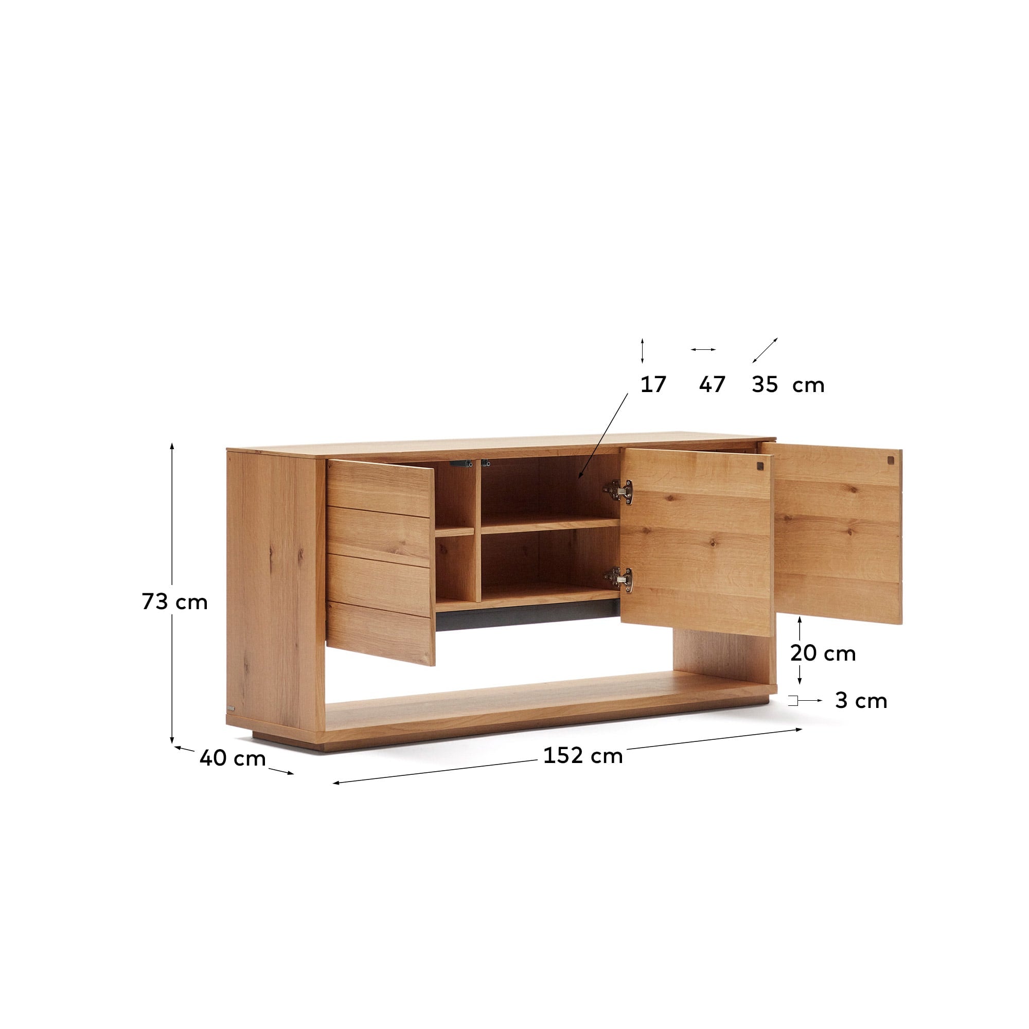 Stilvolles Sideboard aus Eichenfurnier, 3 Türen, 151x73 cm, natürliches Finish, von Kave Home, perfekt für modernes Wohnen.