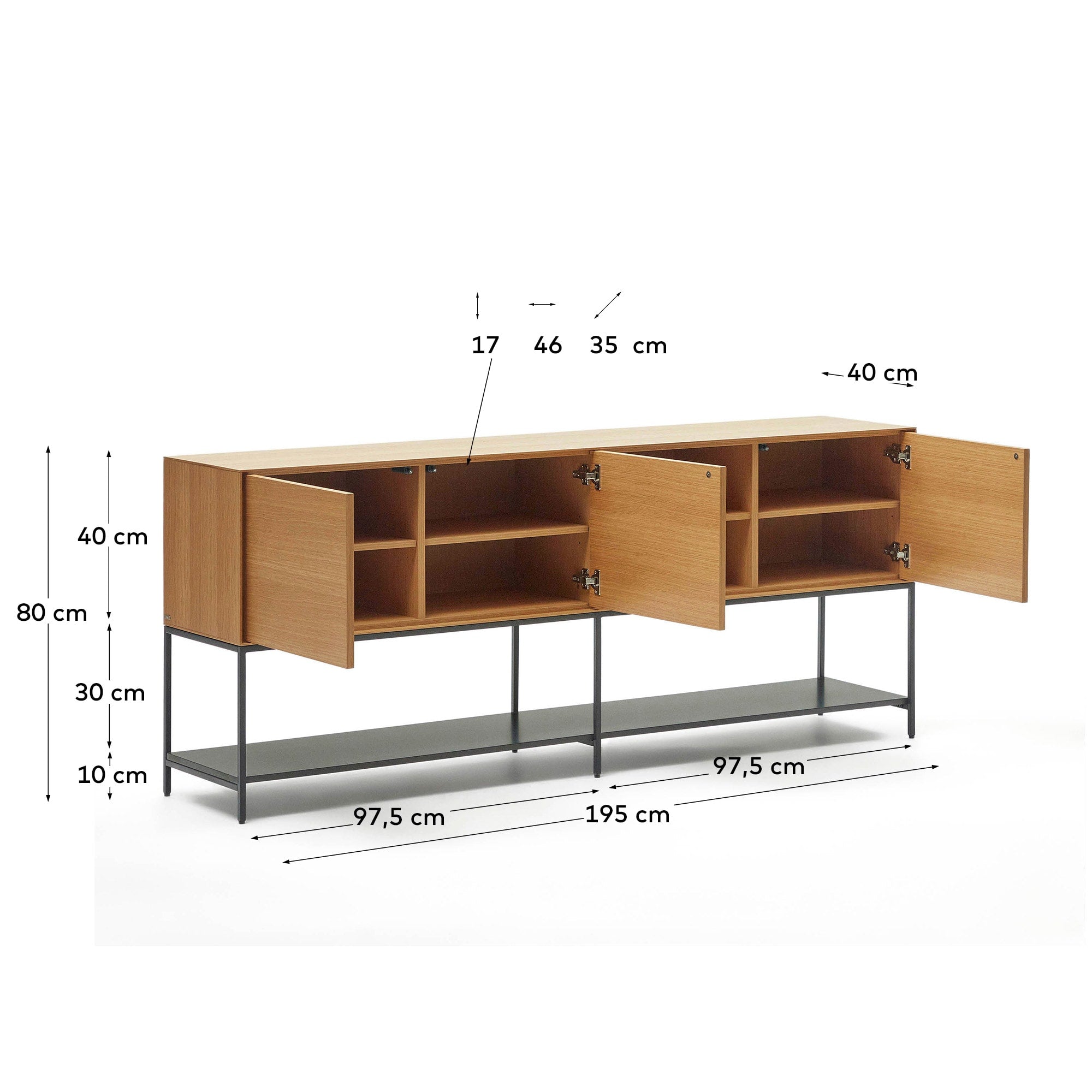Vedrana Kommode 3 Türen aus Eichenfurnier und Stahlbeine in Schwarz 195 x 80 cm