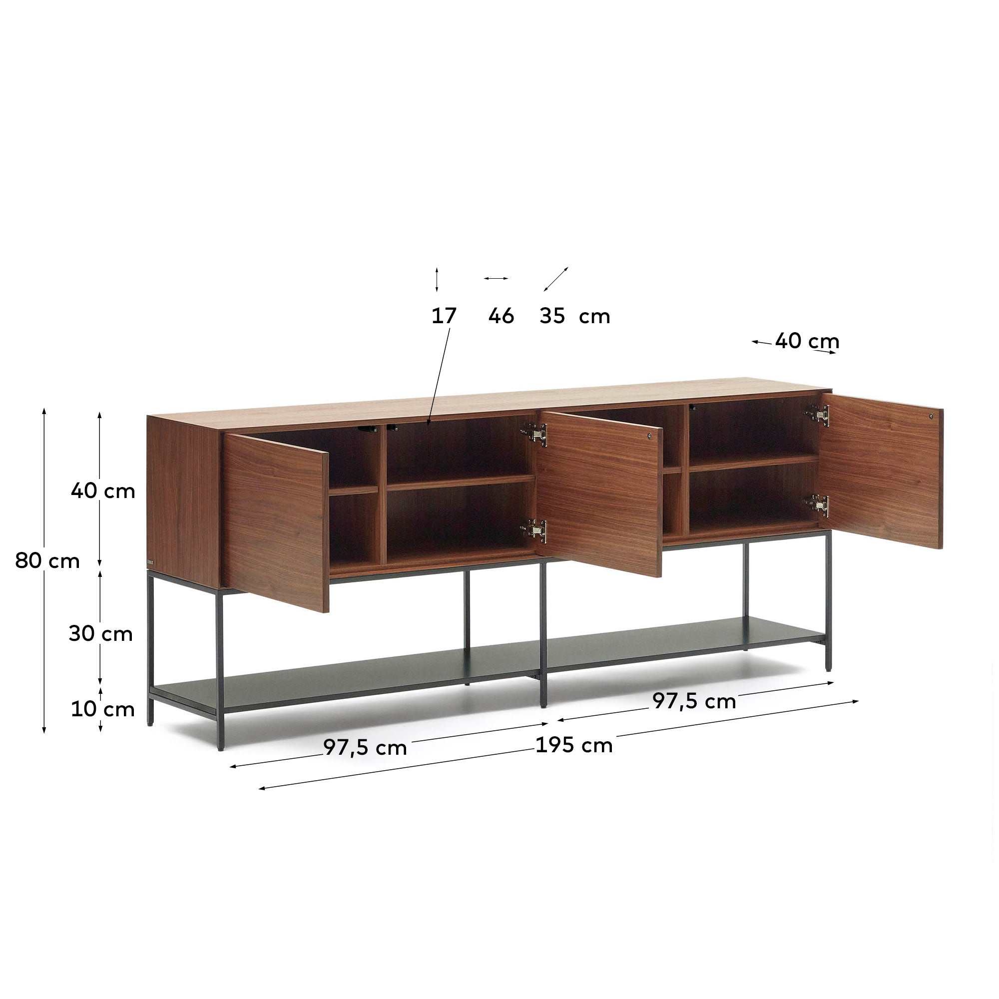 Das Vedrana Sideboard vereint edles Nussholzfurnier und robuste Stahlbeine in Schwarz, ideal für stilvolle Aufbewahrung und modernes Wohnen.
