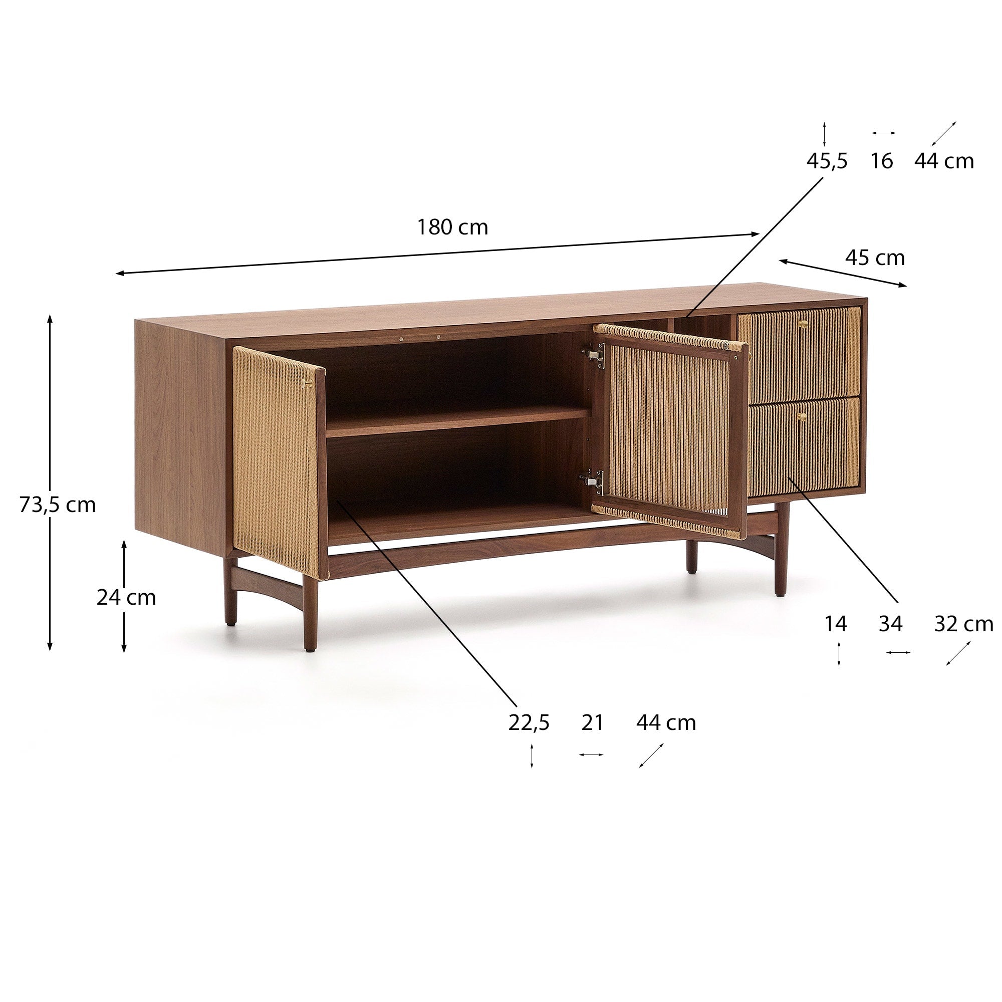 Elegantes Sideboard Elan aus massivem Nussholz mit 2 Türen und 2 Schubladen, FSC-zertifiziert, 180x73cm, stilvoll und nachhaltig.