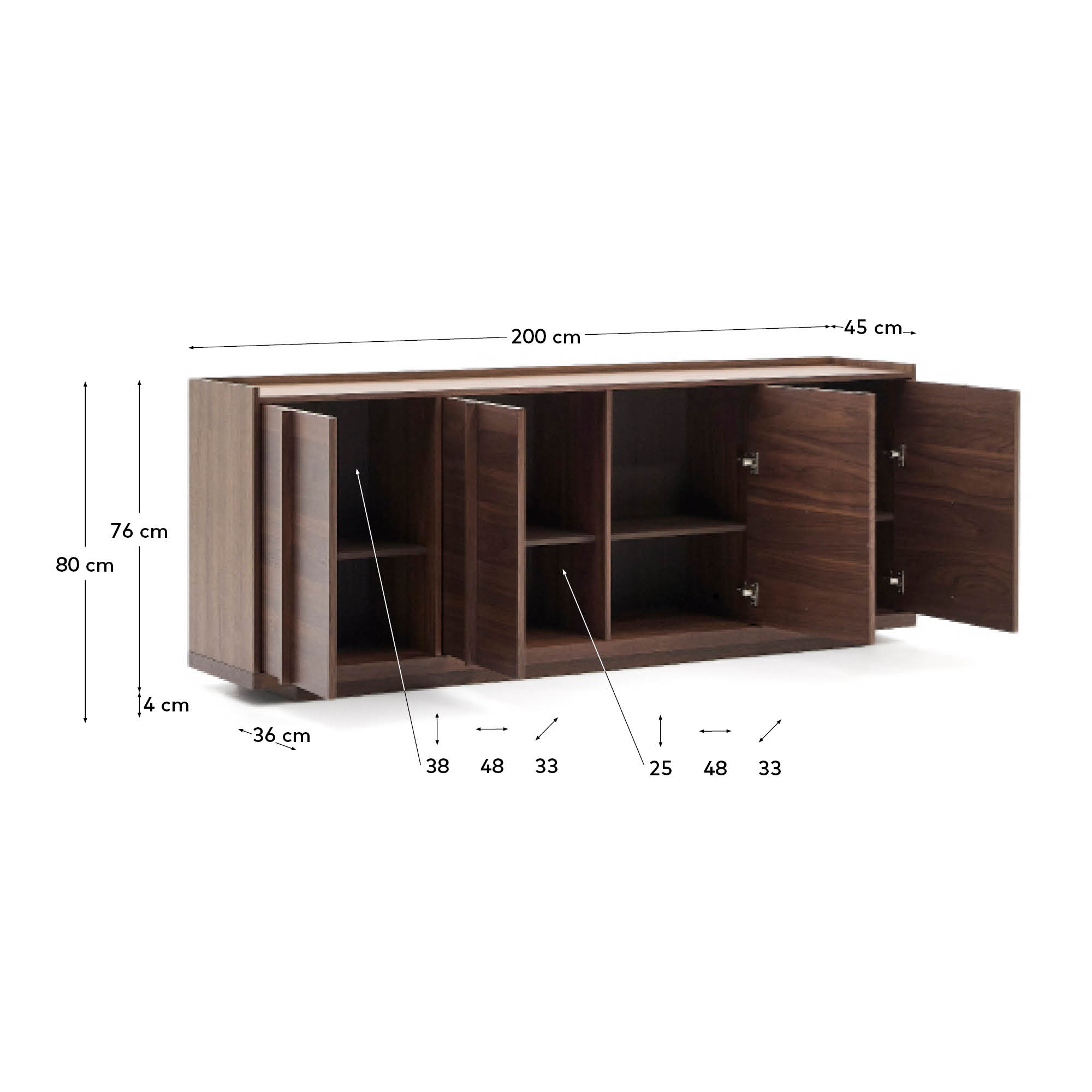 Elegantes Sideboard Onix aus dunklem Walnussfurnier, 200 x 80 cm, FSC-zertifiziert. Ideal für stilvolle Wohnräume mit zeitloser Ästhetik.