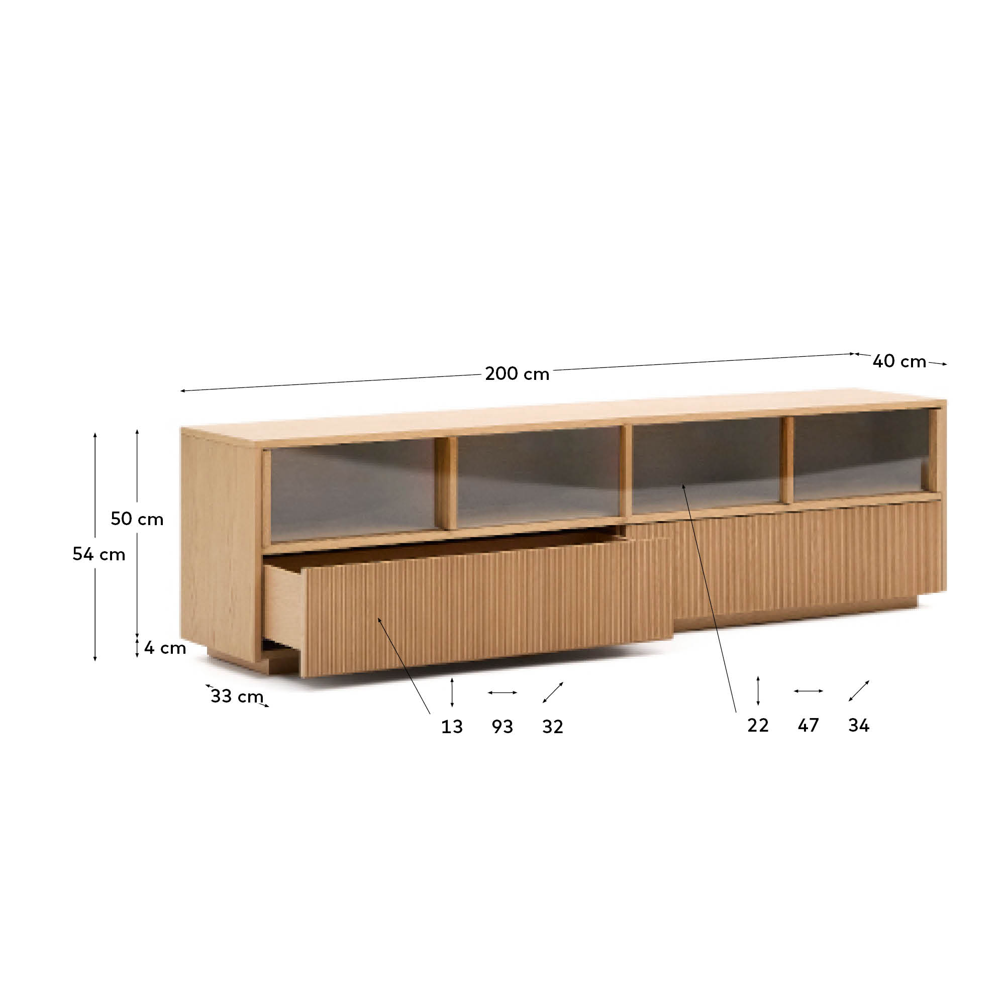 Elegantes Sideboard aus Eichenfurnier mit gehärtetem Glas, 4 Türen, 2 Schubladen, FSC-zertifiziert, Maße: 200x54 cm, von Kave Home.