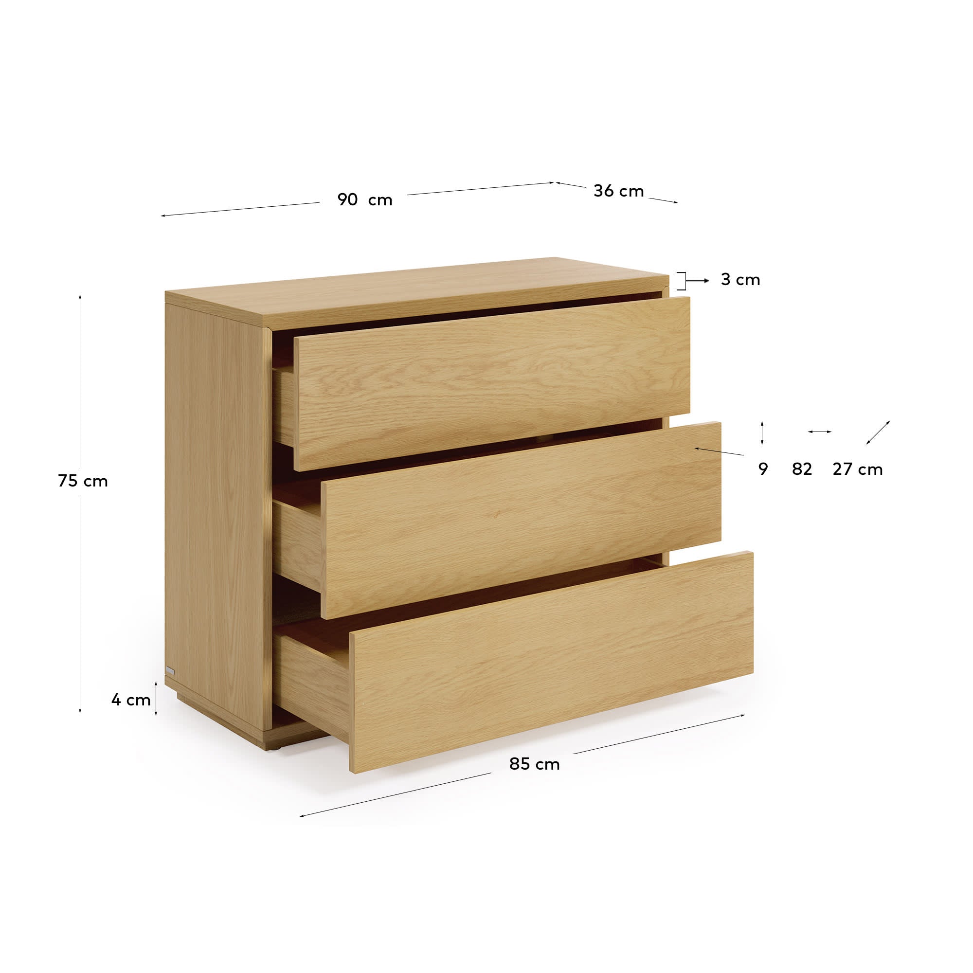 Die Abilen Kommode aus Eichenfurnier vereint modernes Design mit nachhaltigem Stil und bietet 3 geräumige Schubladen für optimalen Stauraum.