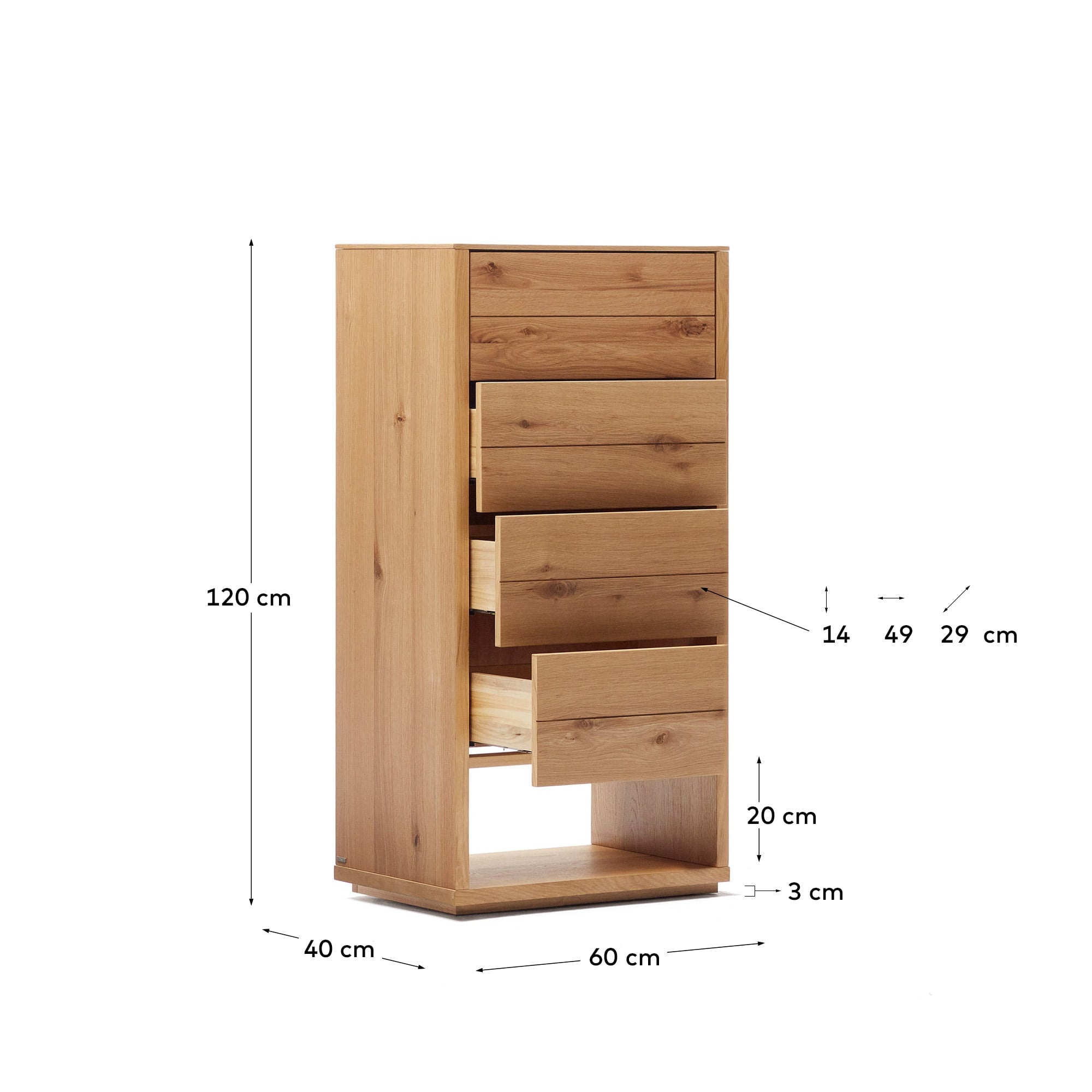 Die Alguema Kommode von Kave Home bietet 4 Schubladen mit natürlichem Eichenfurnier, ideal für elegante und praktische Aufbewahrung.