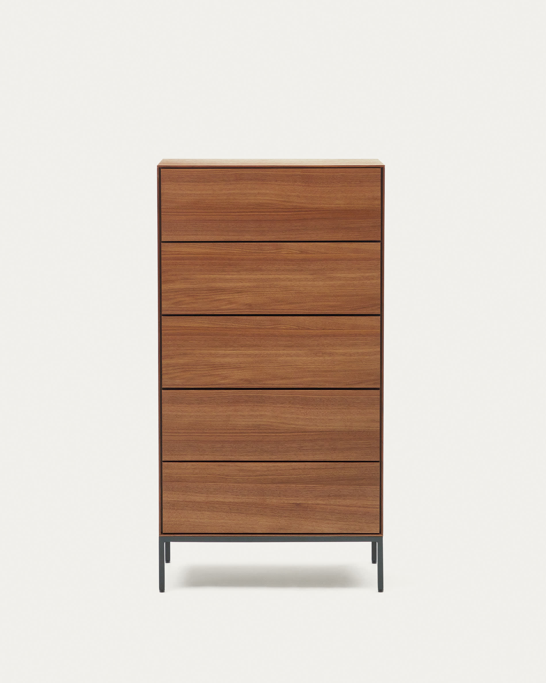 3D-Modell der Vedrana Kommode: Nussholzfurnier, schwarze Stahlbeine, 5 Schubladen, 60x114 cm, elegant und funktional.