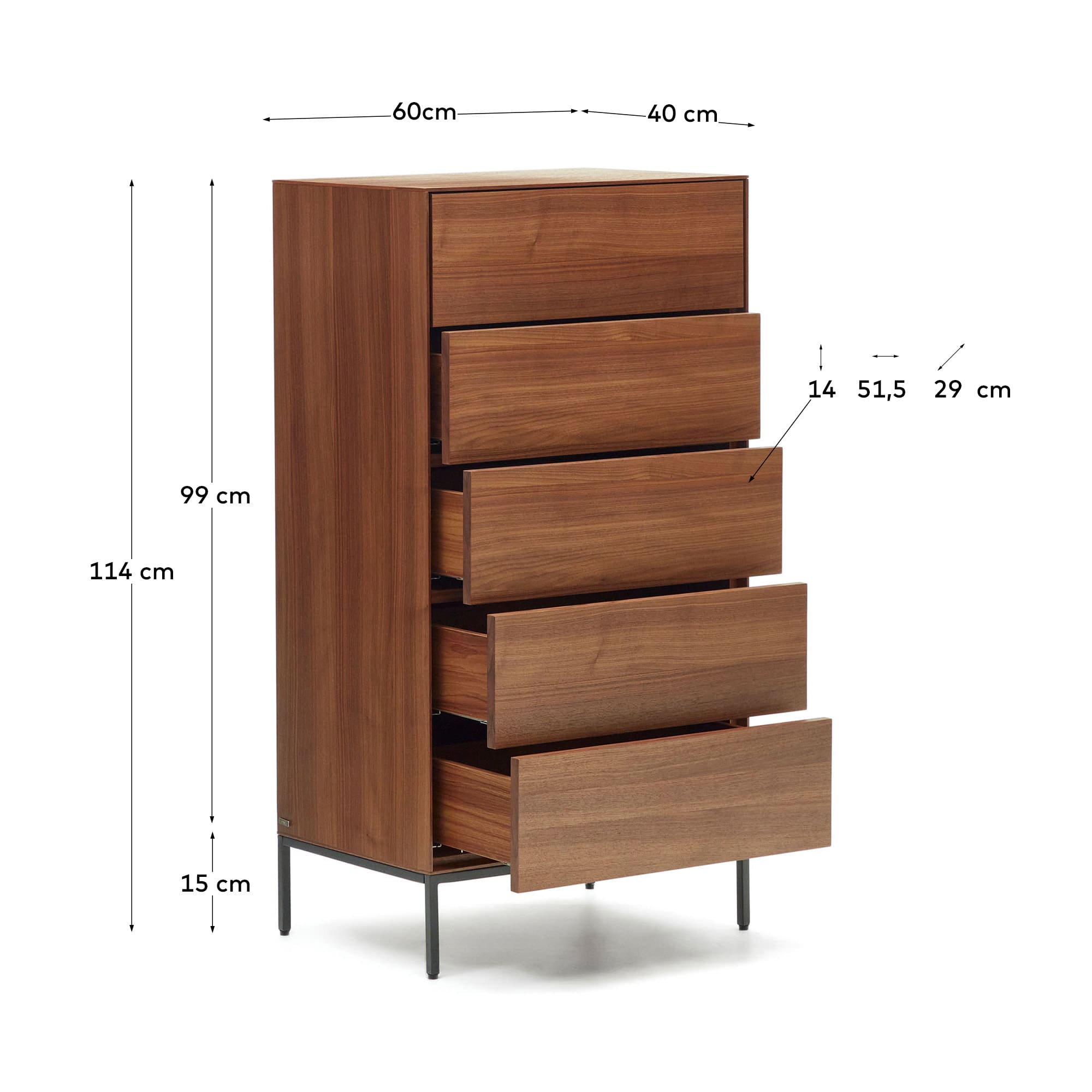 Die Vedrana Kommode mit 5 Schubladen kombiniert warmes Nussholzfurnier und robuste Stahlbeine, perfekt für elegantes Wohnen und praktischen Stauraum.