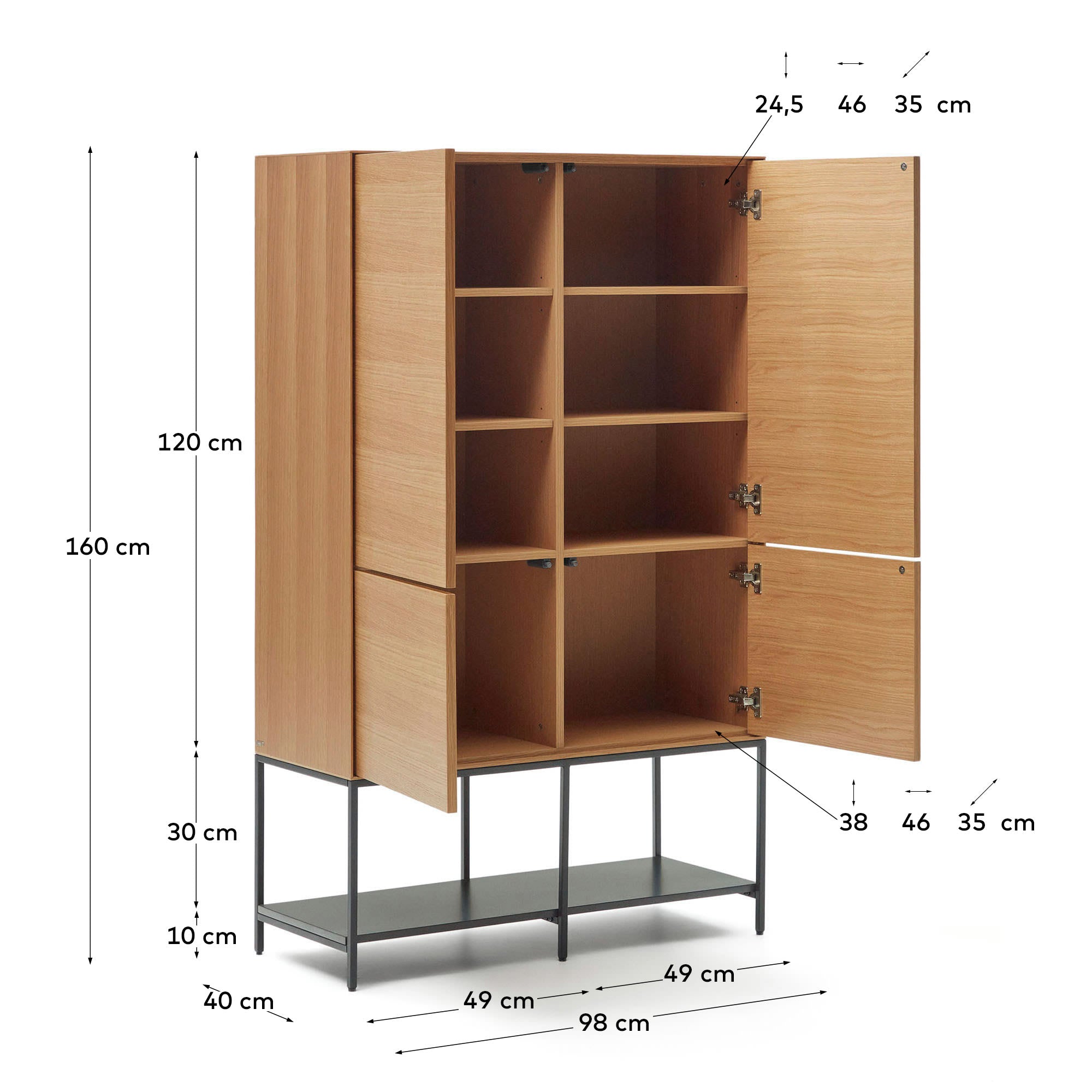 Das Vedrana Highboard von Kave Home bietet eleganten Stauraum mit Eichenfurnier und stabilen Stahlbeinen in Schwarz. Ideal für jedes Zuhause.