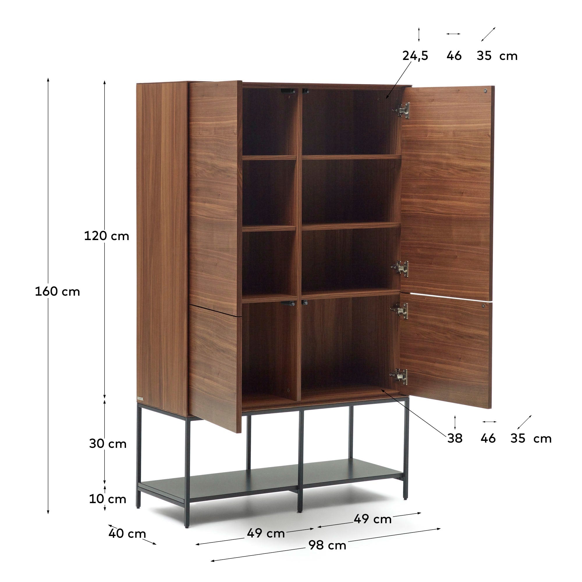 Das Vedrana Highboard kombiniert edles Nussholzfurnier mit robusten Stahlbeinen und bietet großzügigen Stauraum für ein stilvolles Zuhause.