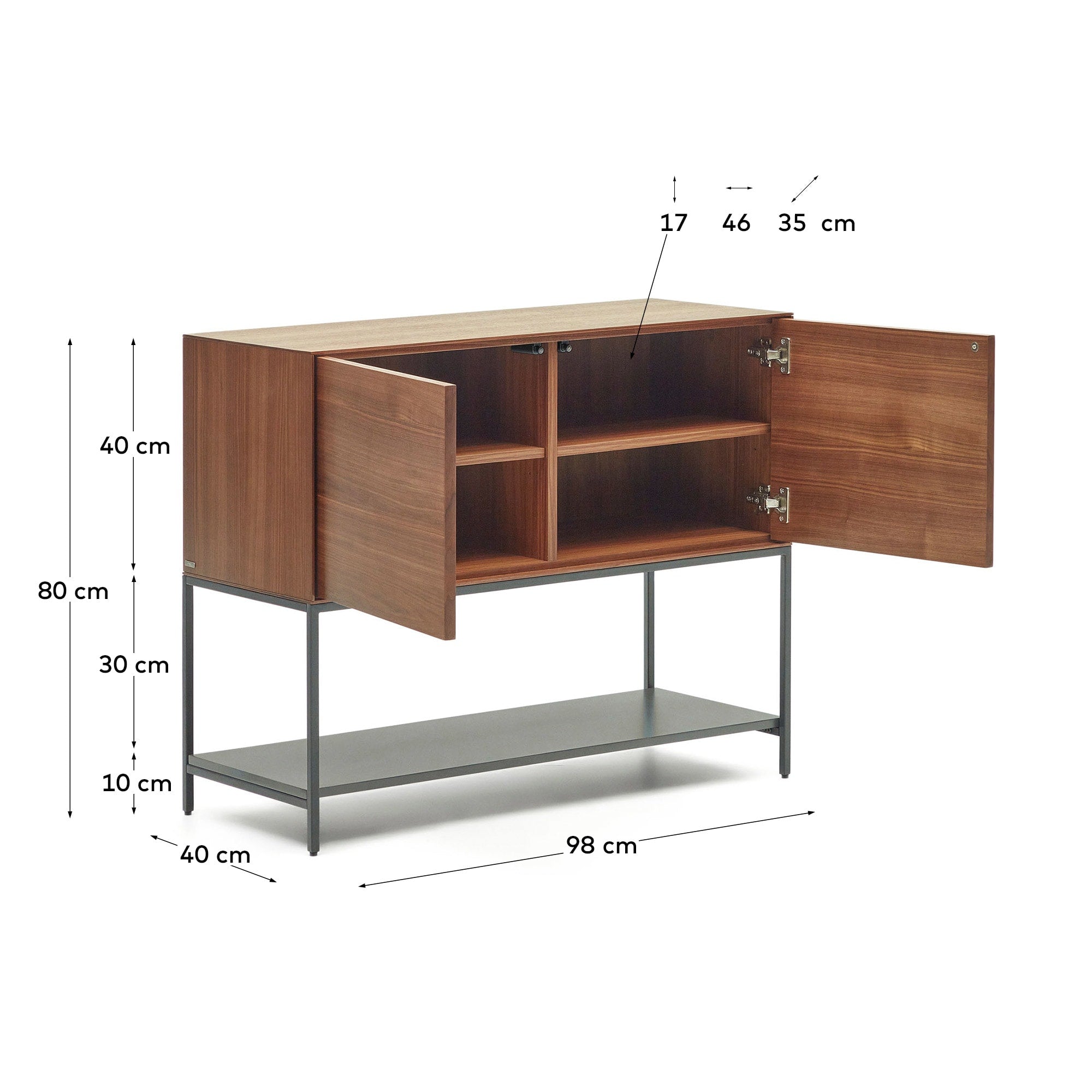 Das Vedrana Sideboard kombiniert stilvolles Nussholzfurnier mit modernen schwarzen Stahlbeinen und bietet großzügigen Stauraum für Ihre Wohnräume.