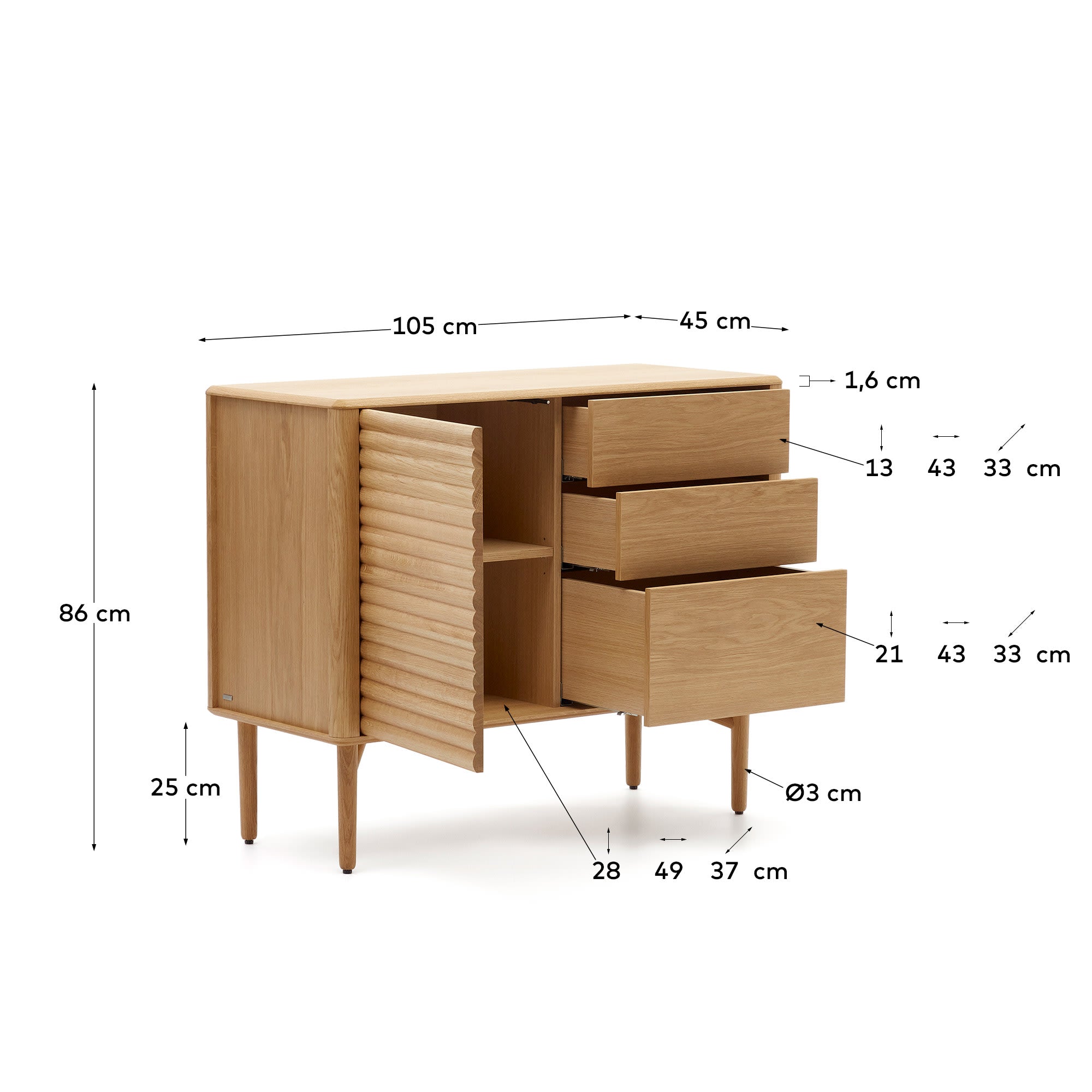 Elegantes Lenon Sideboard aus Eichenholz und Furnier, mit 1 Tür, 3 Schubladen, 105x85 cm, FSC-zertifiziert, von Kave Home.