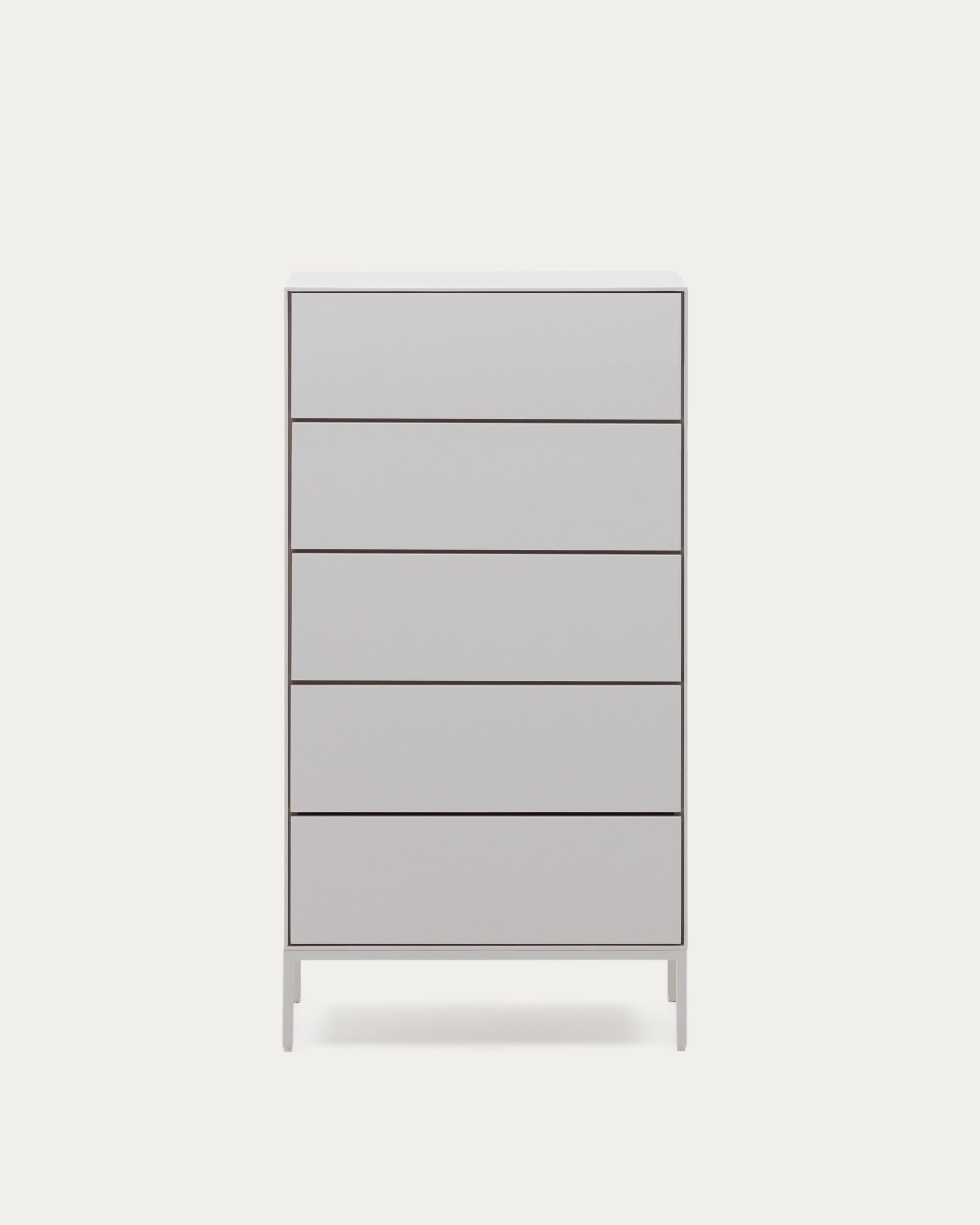 3D-Modell der Vedrana Kommode: 5 weisse Schubladen, MDF, 60x114 cm, modern und nachhaltig, für AR geeignet.
