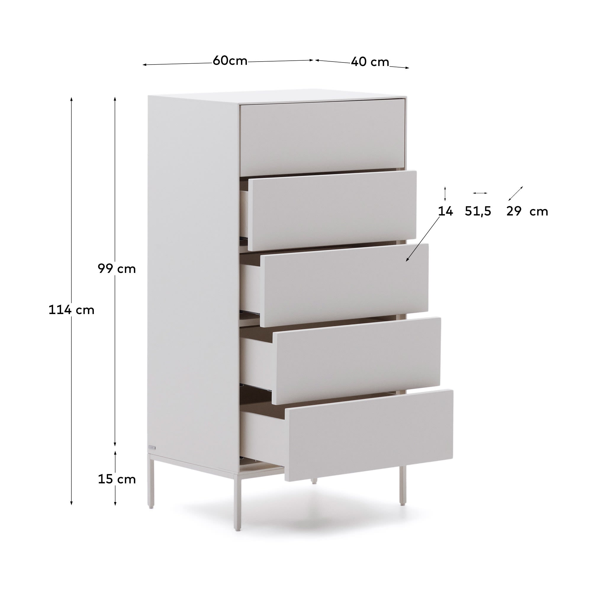 Die Vedrana Kommode von Kave Home bietet elegantes Design und 5 geräumige Schubladen aus robustem, weiß lackiertem MDF – ideal für jeden Raum.