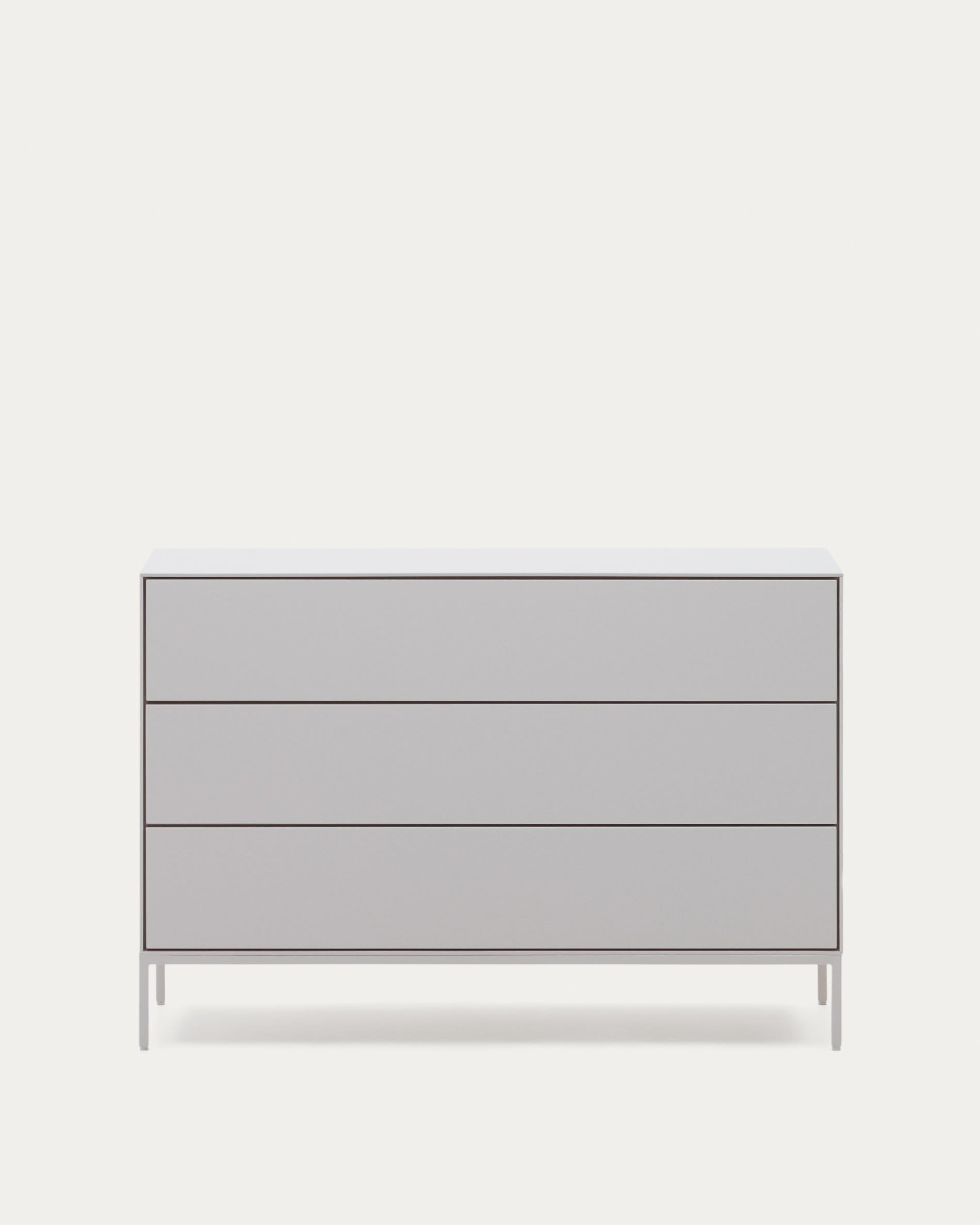 3D-Modell der Vedrana Kommode: Weiss lackiertes MDF, 3 Schubladen, Stahlakzente, 110x75 cm, eleganter Stauraum.