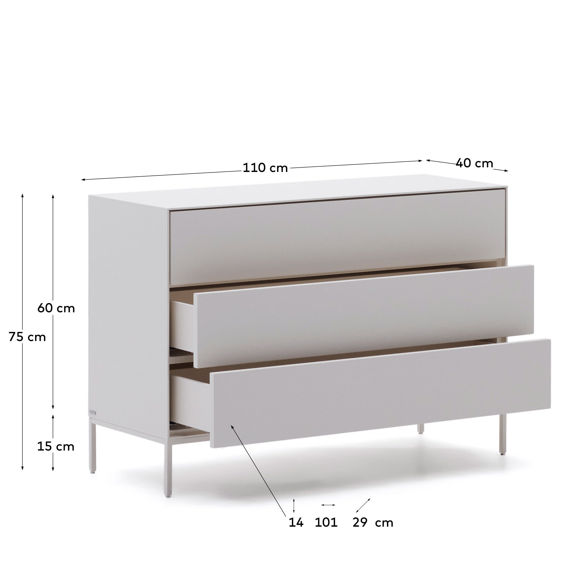 Die Vedrana Kommode von Kave Home bietet stilvollen Stauraum mit 3 Schubladen, gefertigt aus hochwertigem MDF in elegantem Weiß.