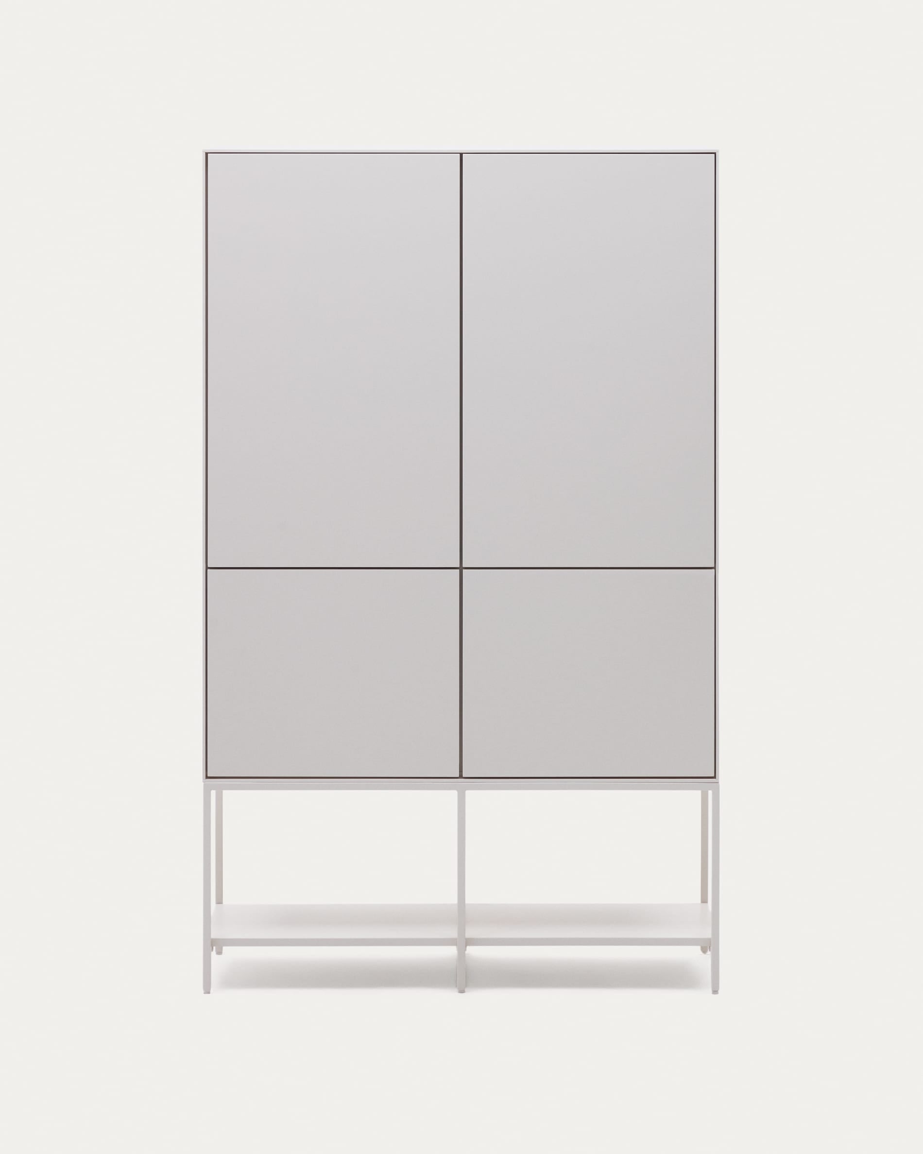 3D-Modell des Vedrana Highboards: Weiss, 4 Türen, modernes Design, 97,5x160 cm, viel Stauraum, AR-kompatibel.