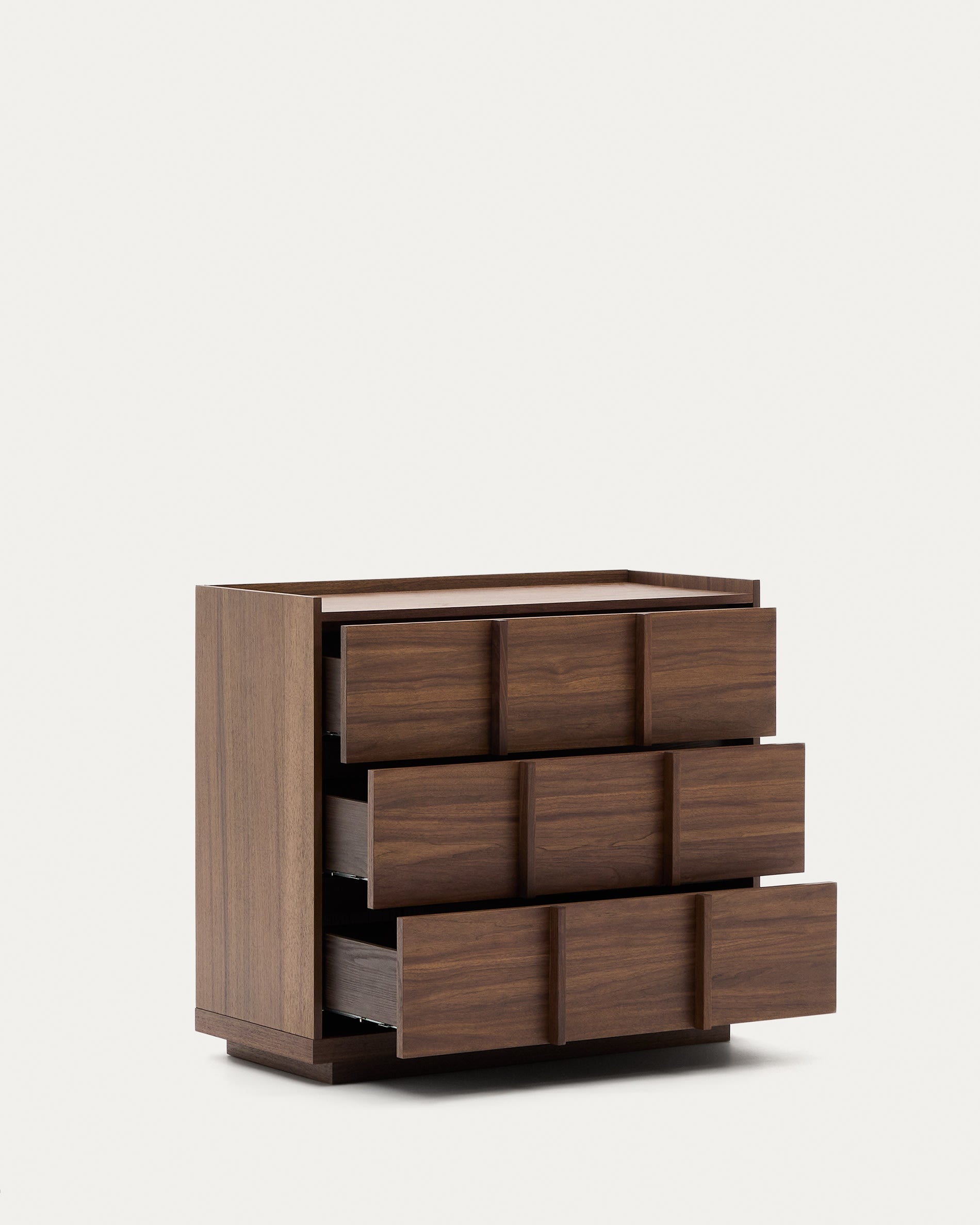Elegante Kommode Onix 3 mit Walnussfurnier, dunkles Finish, 3 Schubladen, 100x78 cm, FSC-zertifiziert, von Kave Home.