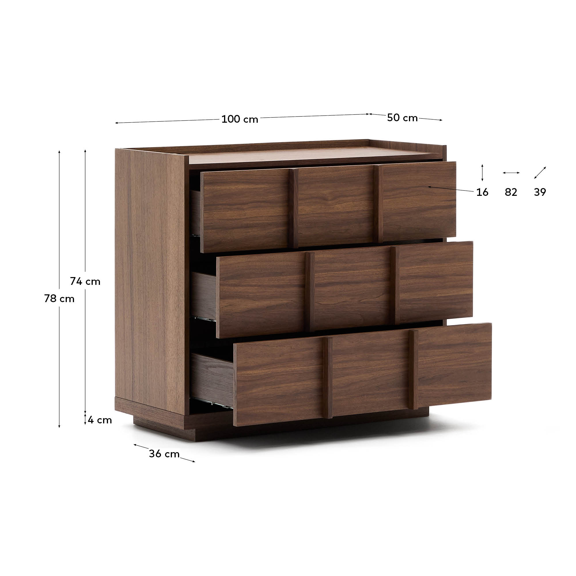Elegante Kommode Onix 3 mit Walnussfurnier, dunkles Finish, 3 Schubladen, 100x78 cm, FSC-zertifiziert, von Kave Home.