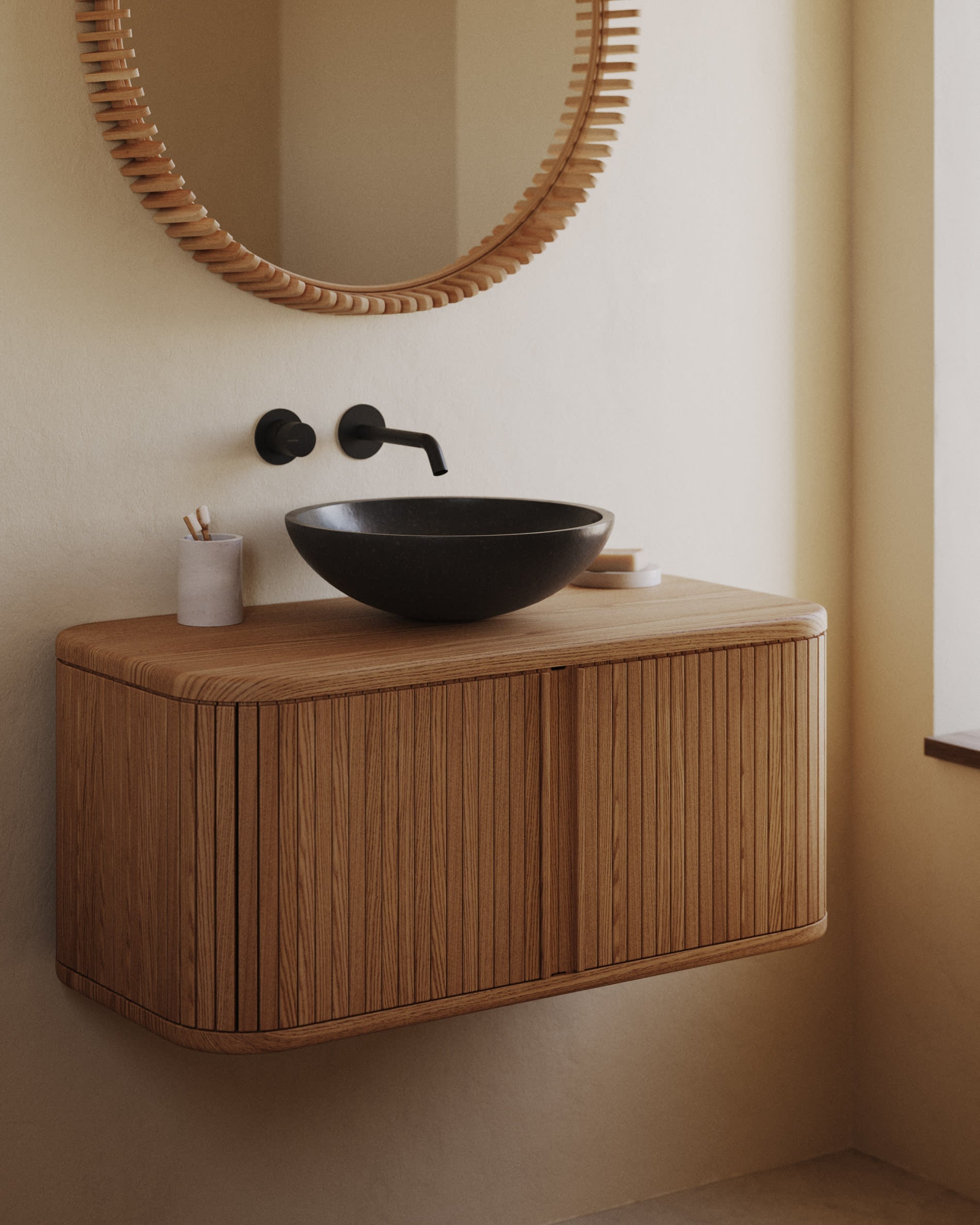 Elegantes Badezimmermöbel aus Eschenfurnier mit natürlichem Finish, 90x45 cm, von Kave Home. Stilvoll und funktional.