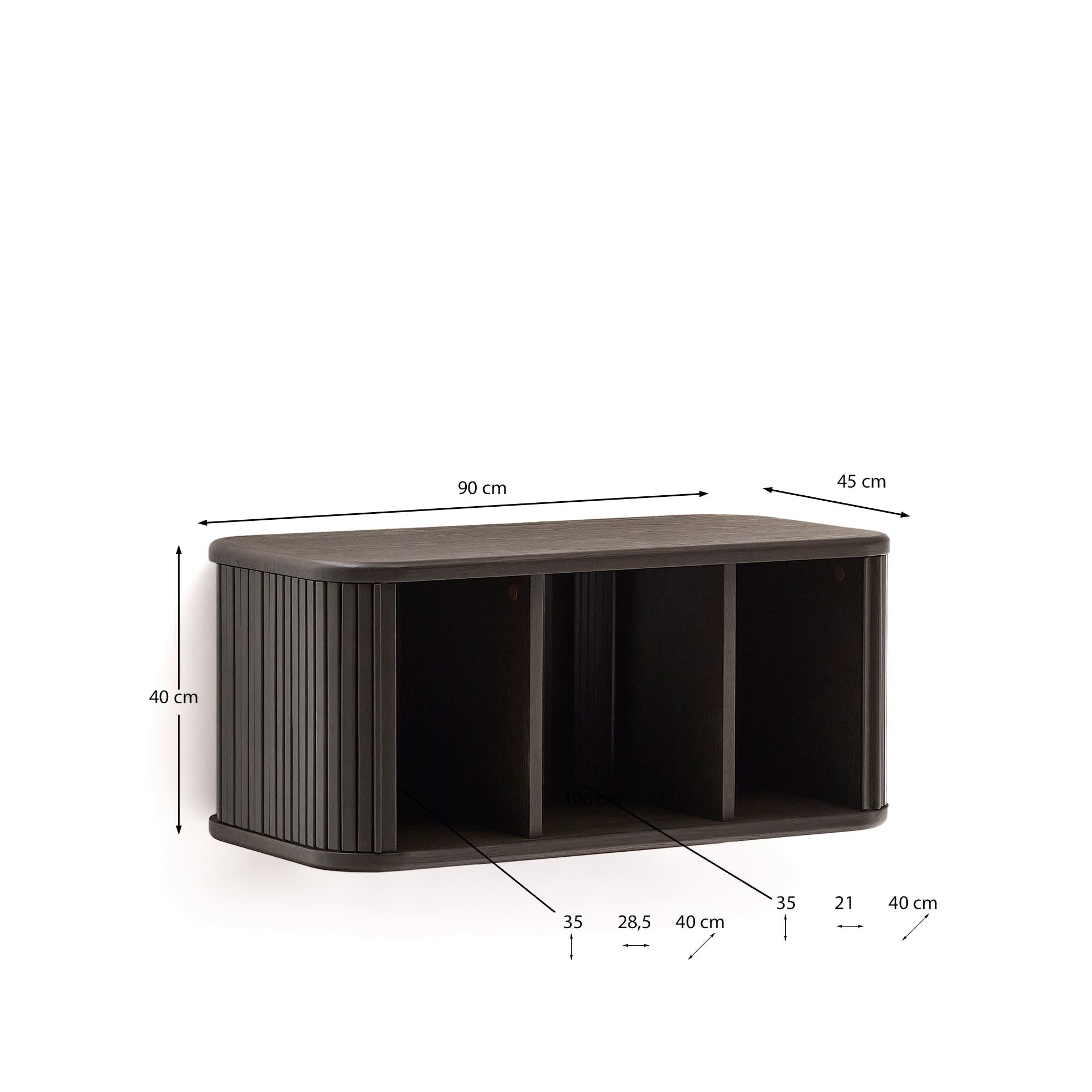 Badezimmermöbel aus Eschenfurnier mit dunklem Finish, 90x45 cm, von Kave Home. Modernes Design und praktische Funktionalität.