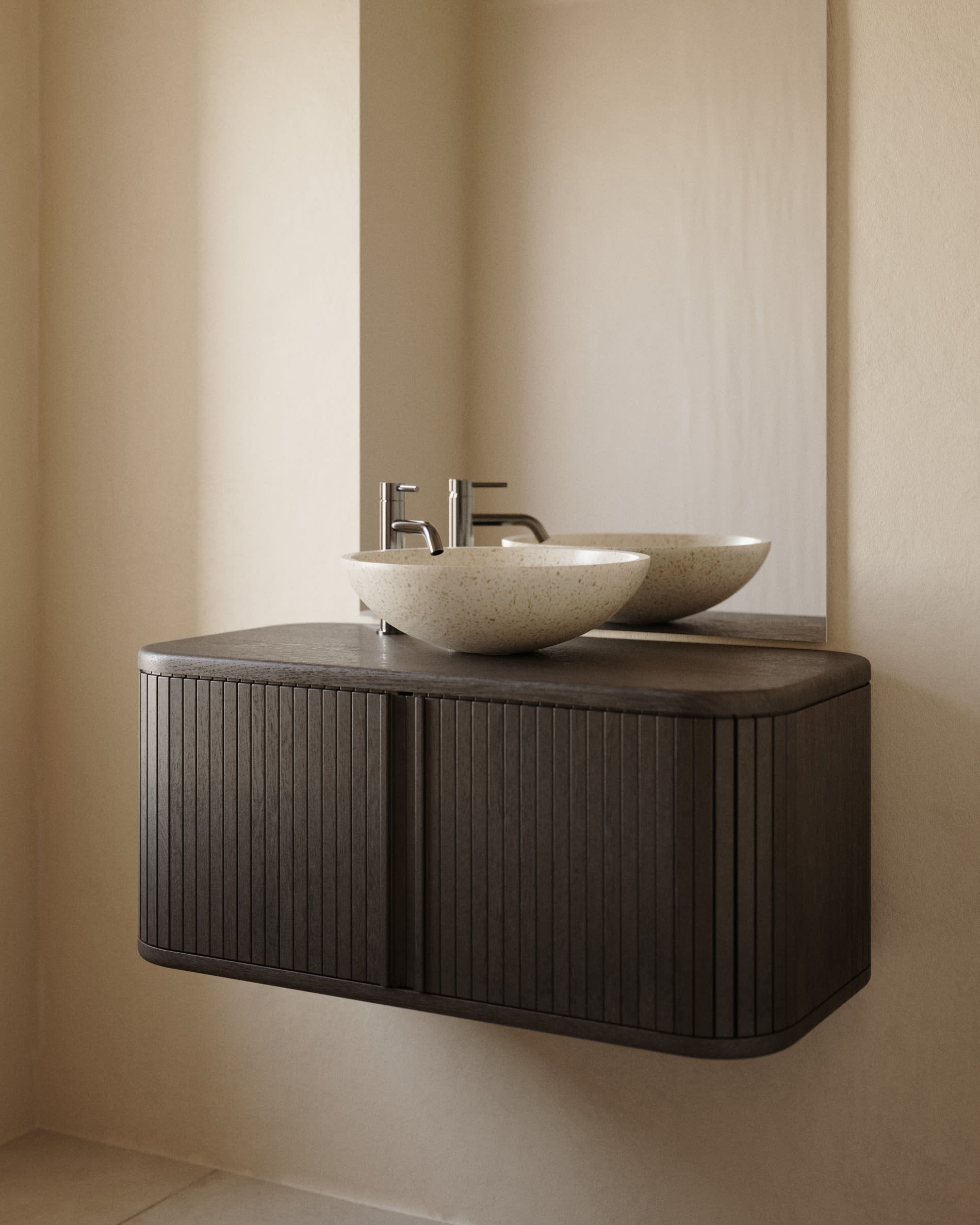 Badezimmermöbel aus Eschenfurnier mit dunklem Finish, 90x45 cm, von Kave Home. Modernes Design und praktische Funktionalität.