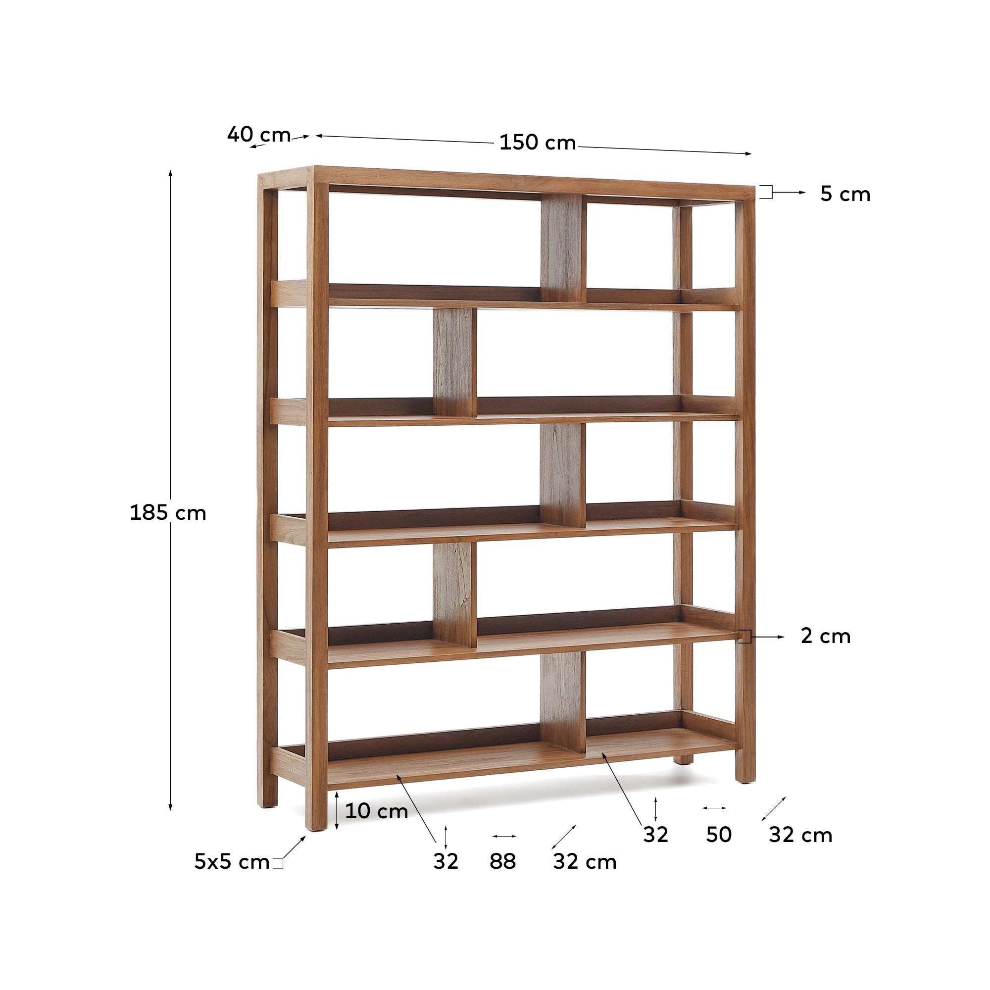 Elegantes Teakholzregal, 150x185 cm, vereint Stil und Funktionalität für Bücher und Deko in jedem Raum.