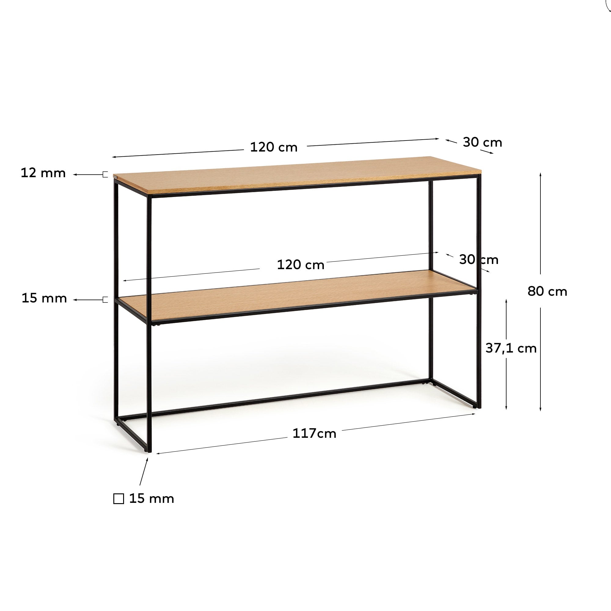Eleganter Konsolentisch mit Eichenfurnier und schwarzem Metallrahmen, perfekt für moderne Wohnräume, Maße: 120 x 80 cm.