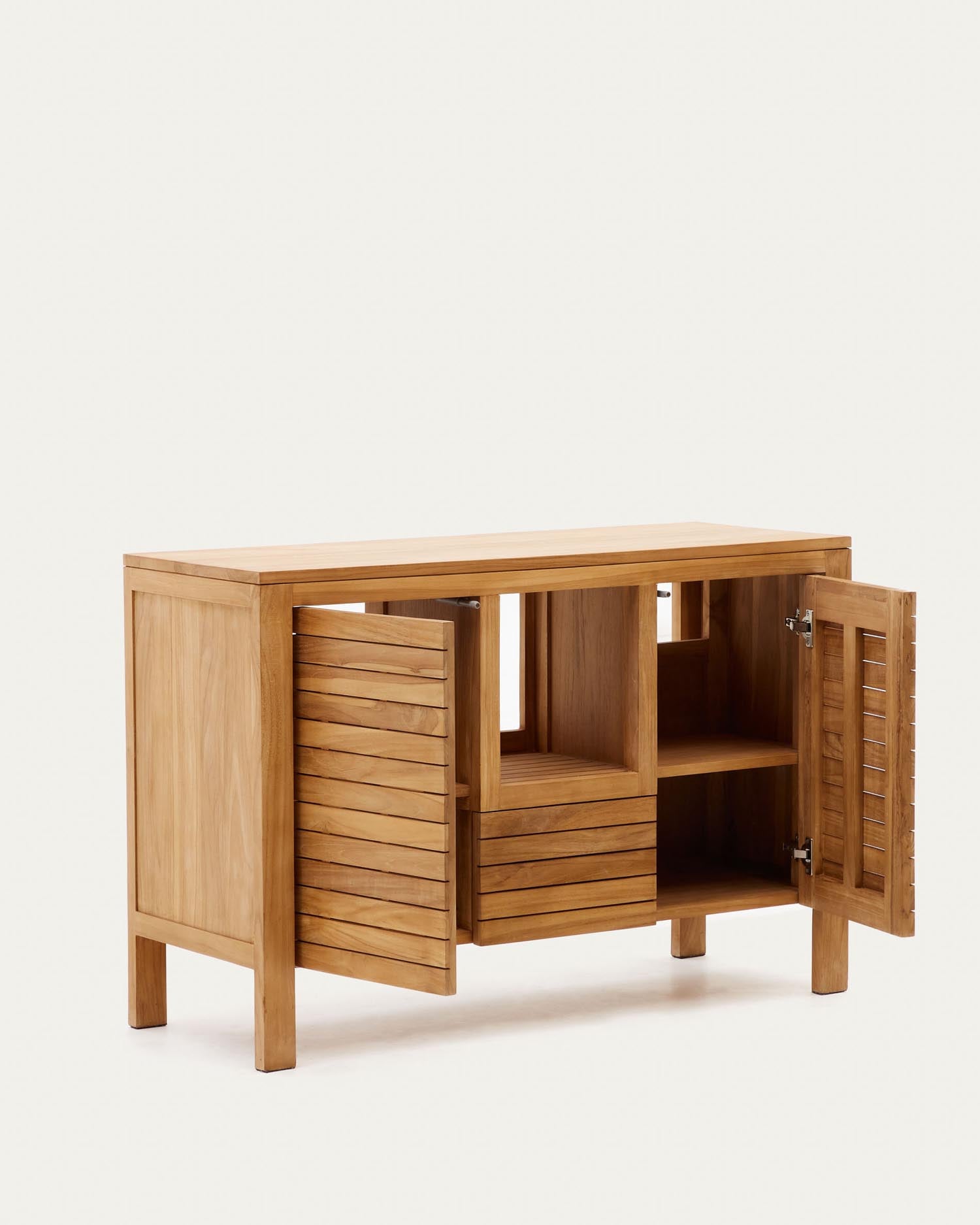 Massives Teakholz-Badmöbel Neria, 120x45 cm, natürliches Finish, stilvoll und funktional, von Kave Home.