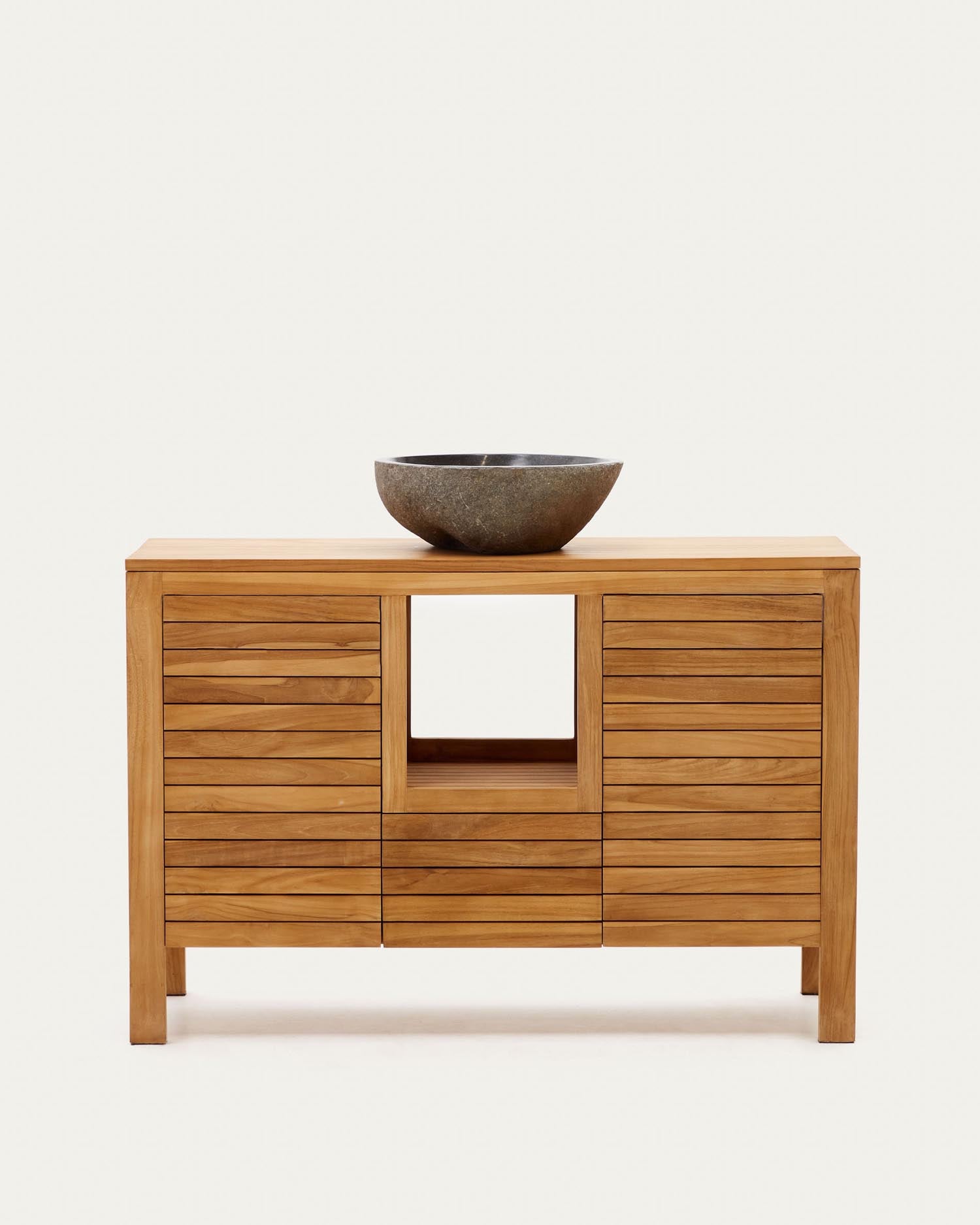 Badezimmermöbel Neria aus massivem Teakholz, 120x45 cm, natürliches Finish, elegant und praktisch, von Kave Home.