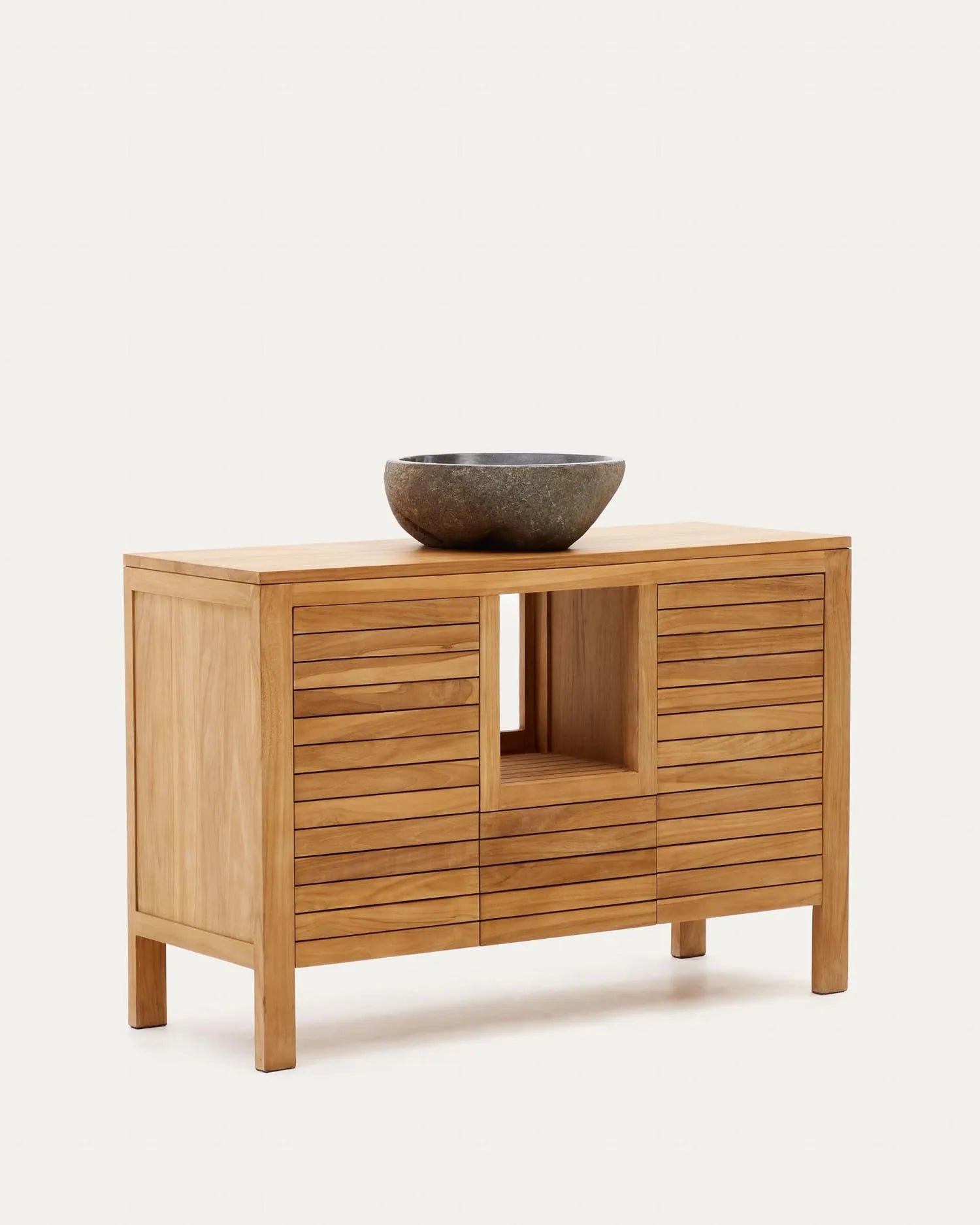 Badezimmermöbel Neria aus massivem Teakholz, 120x45 cm, natürliches Finish, elegant und praktisch, von Kave Home.