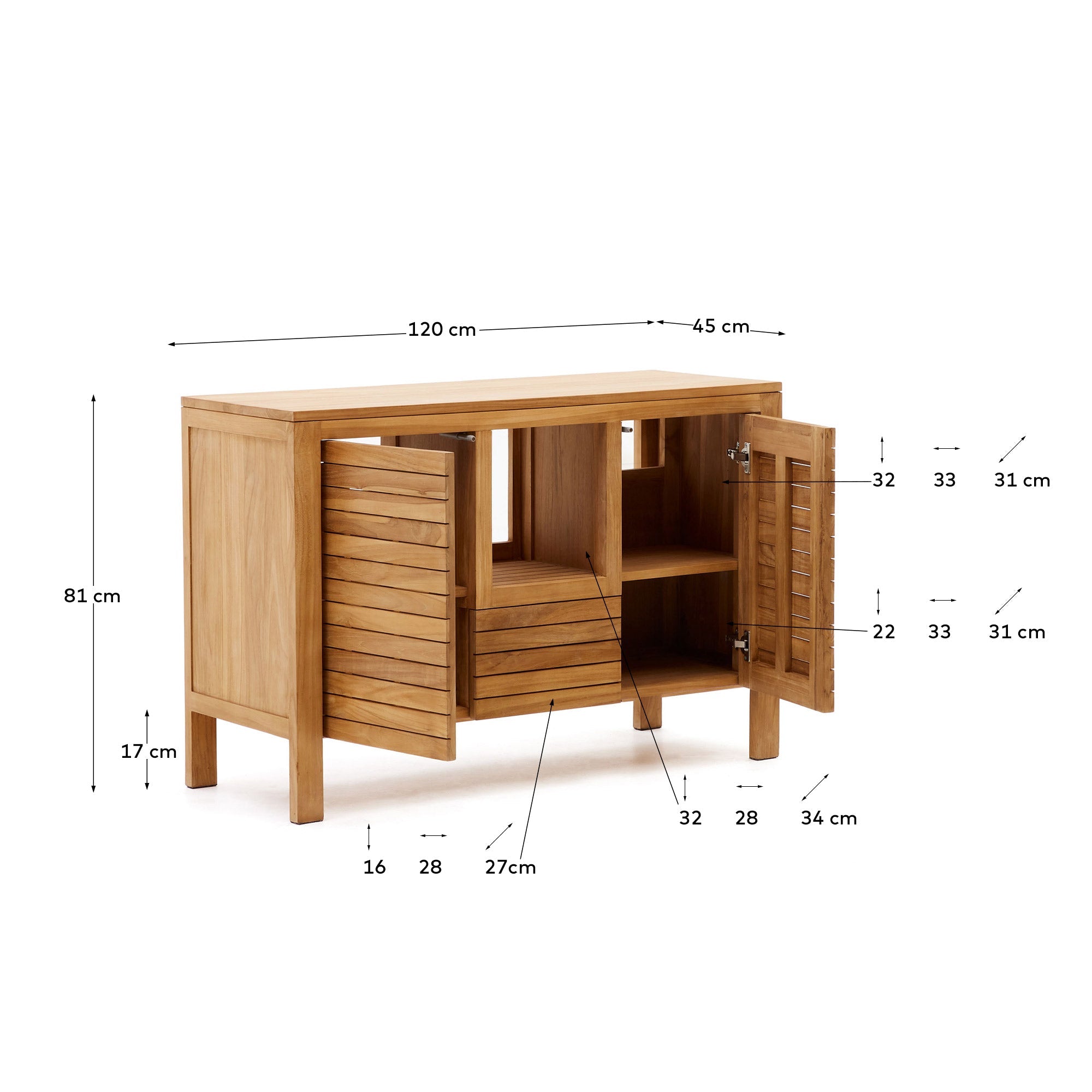 Badezimmermöbel Neria aus massivem Teakholz, 120x45 cm, natürliches Finish, elegant und praktisch, von Kave Home.