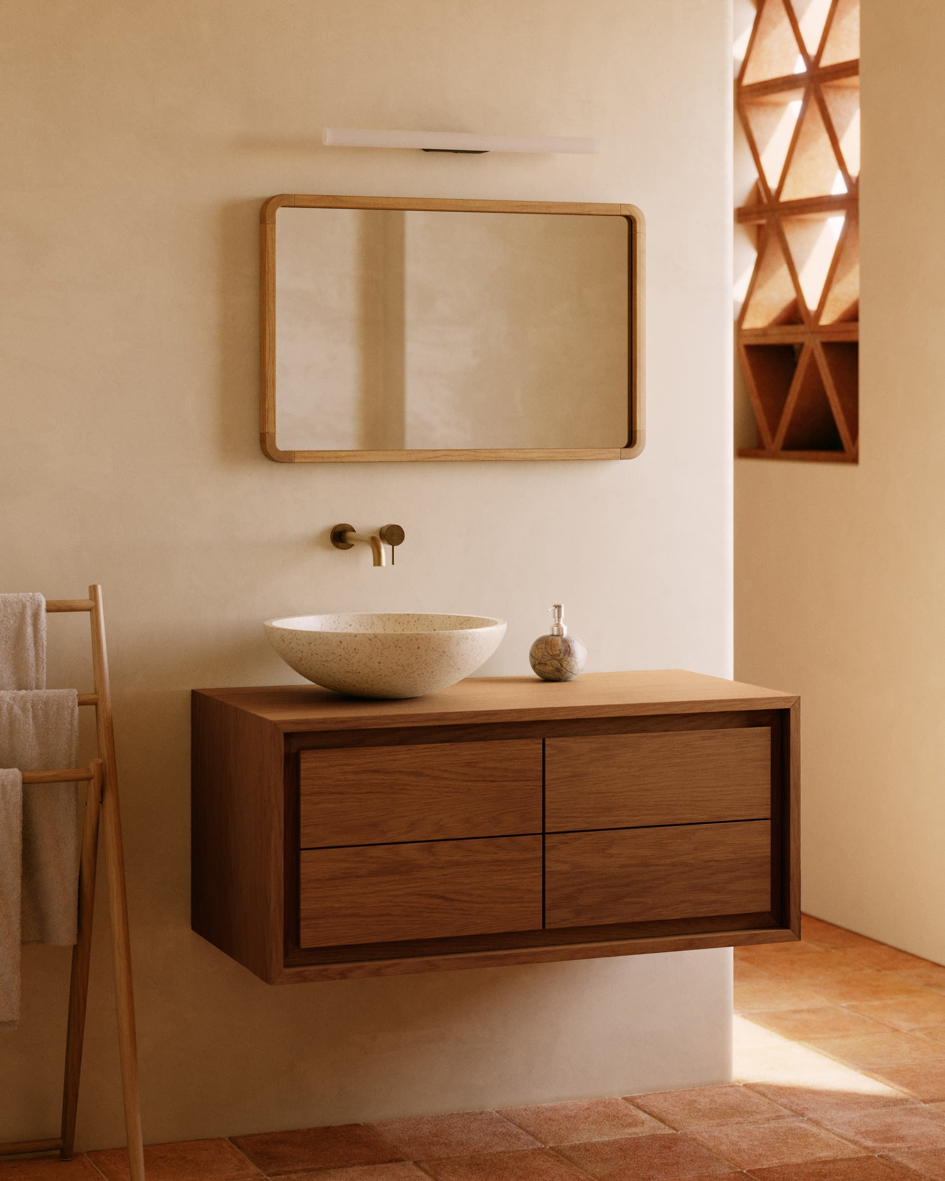 Elegantes Badezimmermöbel aus massivem Teakholz, 90x45 cm, mit natürlichem Finish, perfekt für stilvolle und moderne Räume.