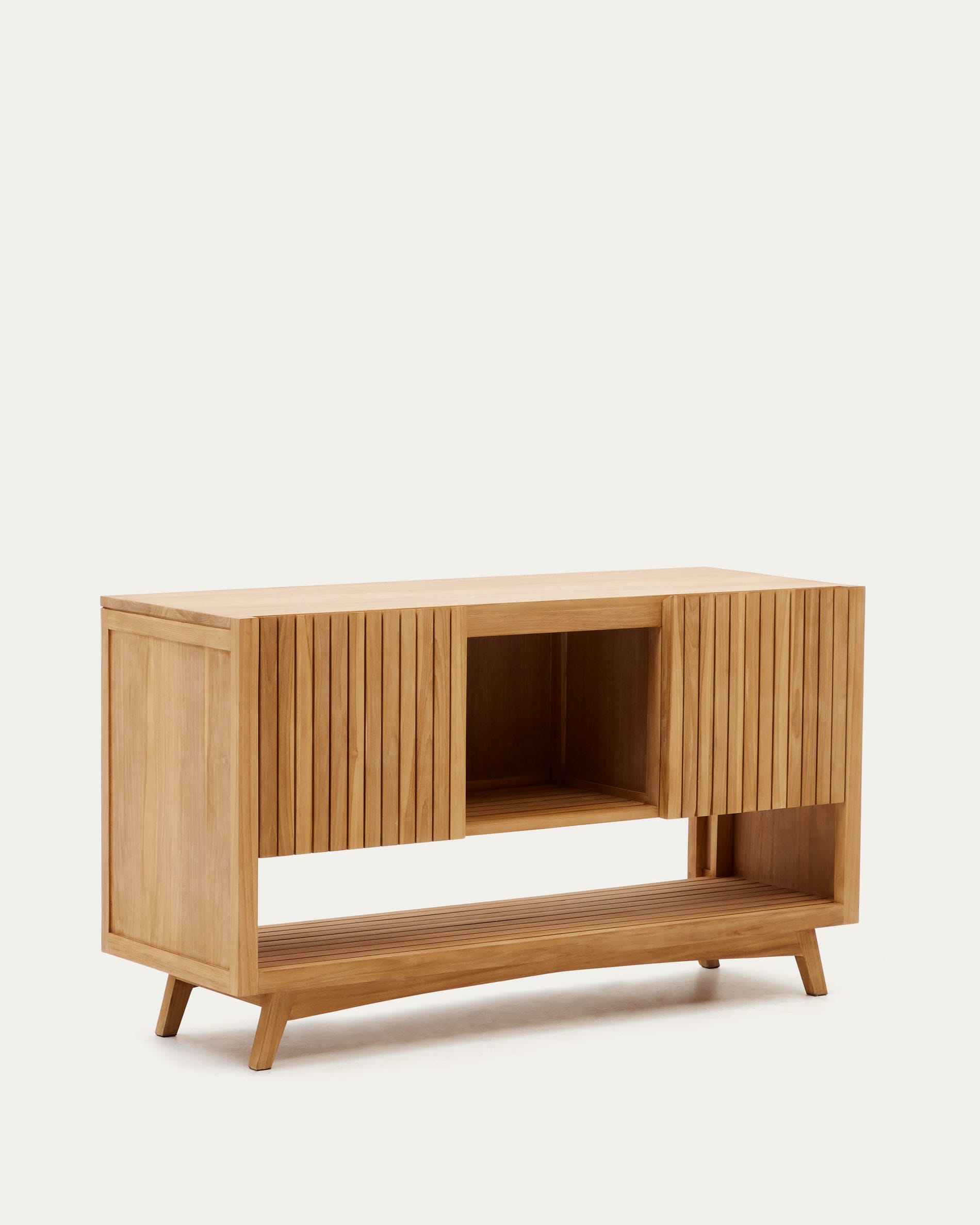 Massiver Teakholz-Tisch Kuveni, 140 x 50 cm, mit natürlichem Finish. Ideal für moderne und elegante Wohnräume.