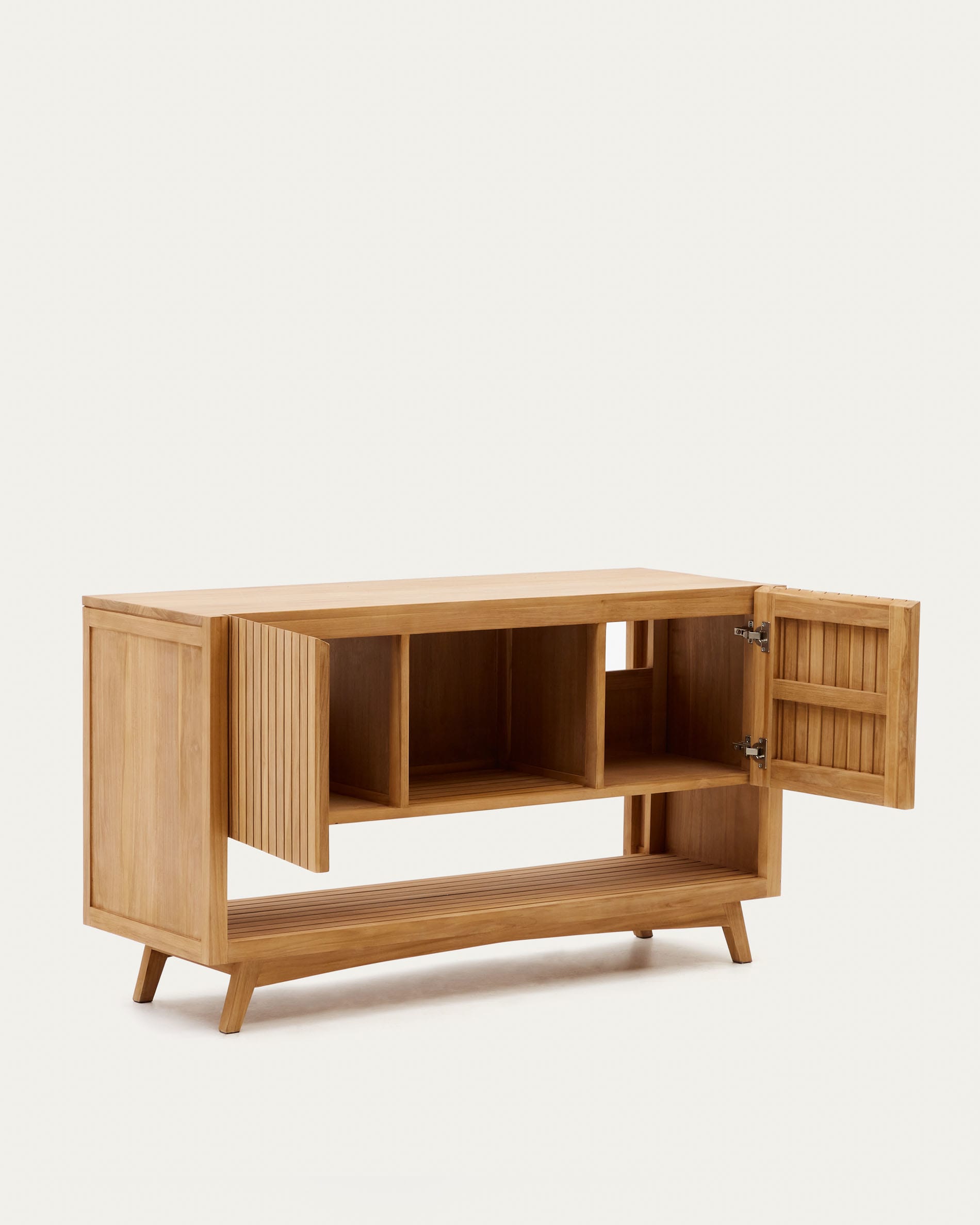 Eleganter Kuveni Tisch aus massivem Teakholz, 140 x 50 cm, mit natürlichem Finish. Perfekt für stilvolle Wohnräume.