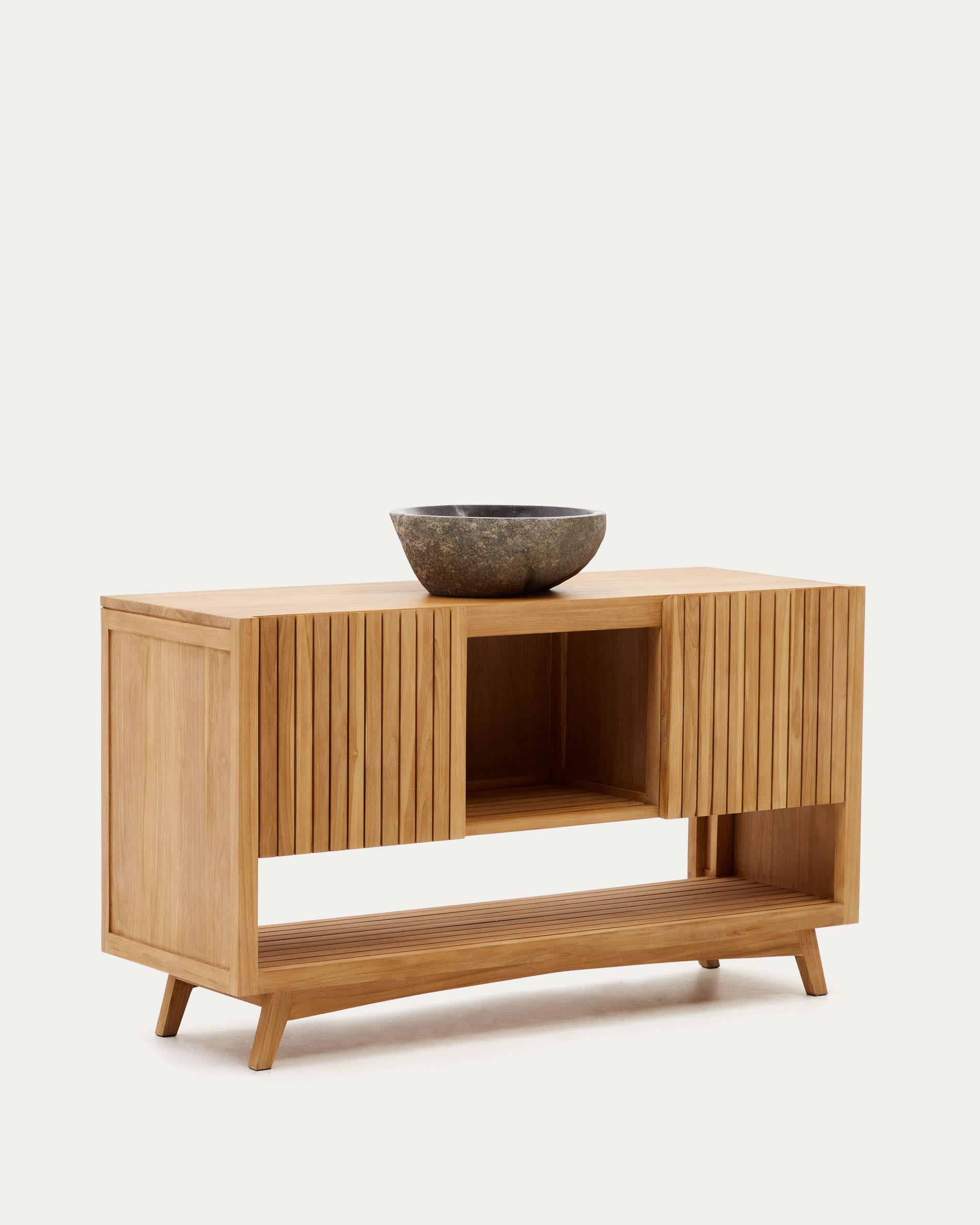 Massiver Teakholz-Tisch Kuveni, 140 x 50 cm, mit natürlichem Finish. Ideal für moderne und elegante Wohnräume.
