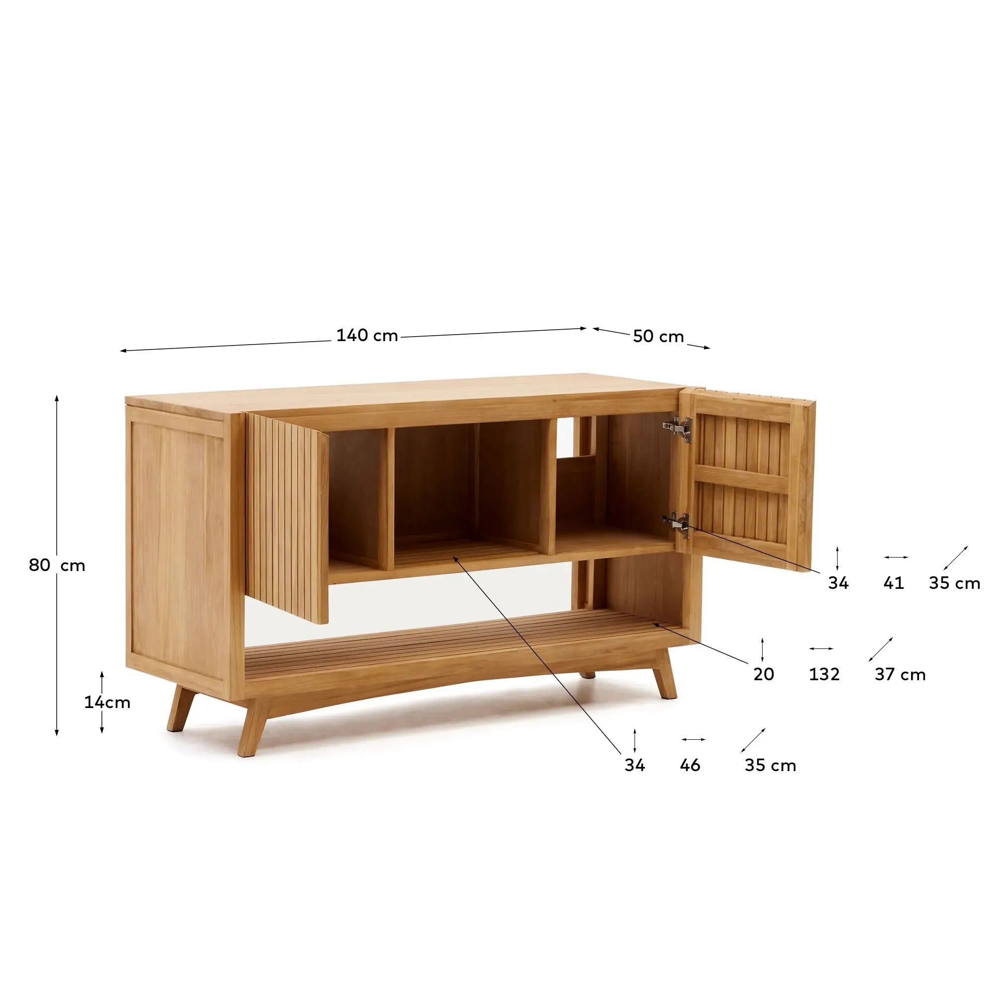 Massiver Teakholz-Tisch Kuveni, 140 x 50 cm, mit natürlichem Finish. Ideal für moderne und elegante Wohnräume.